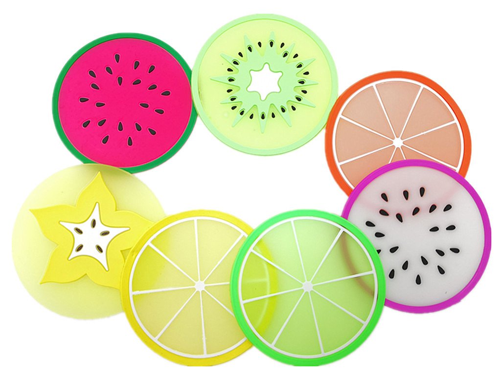Heat-Insulated Non-Slip Silicone Drink Coasters Set - 7pcs Fruit Slice Design Cup Mats for Coffee, Tea, and Beverages - Perfect for Home, Office, and Party Use