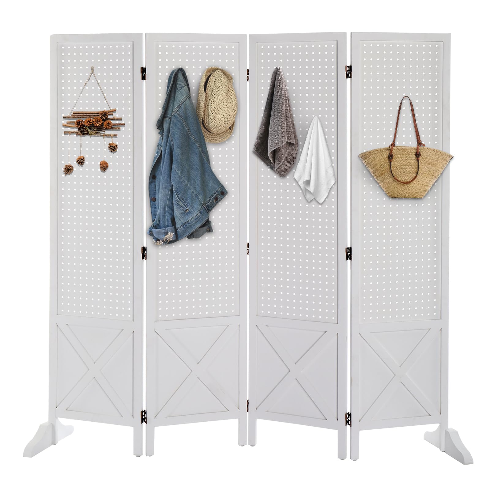 VINGLI 5 FT Freestanding Pegboard Organizer with Support Feet - White 4 Panel Wood Room Divider, Folding Privacy Screen & Display Board for Craft Shows, Retail Stores, Home Office & Event Space Separation