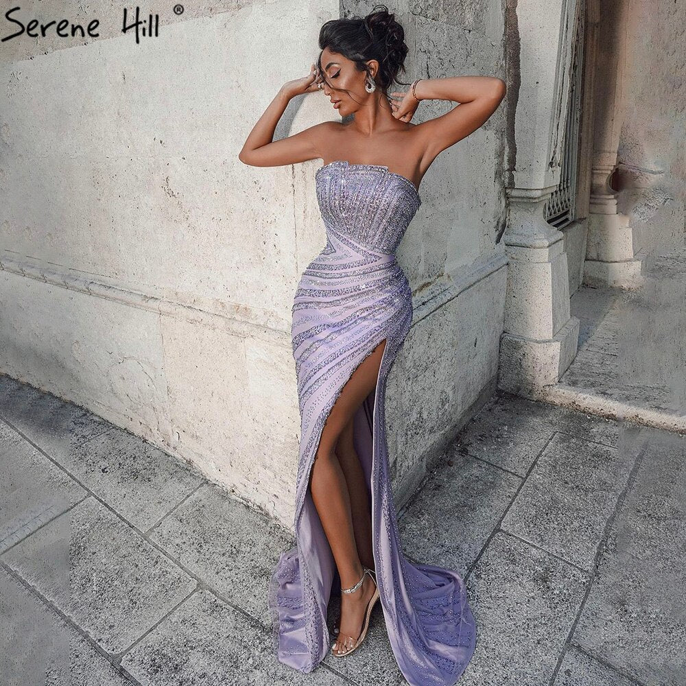 Elegant Beaded Lilac High-Split Mermaid Evening Gown for Women - Luxury Party Dress 2025 - Perfect for Prom, Gala & Formal Events