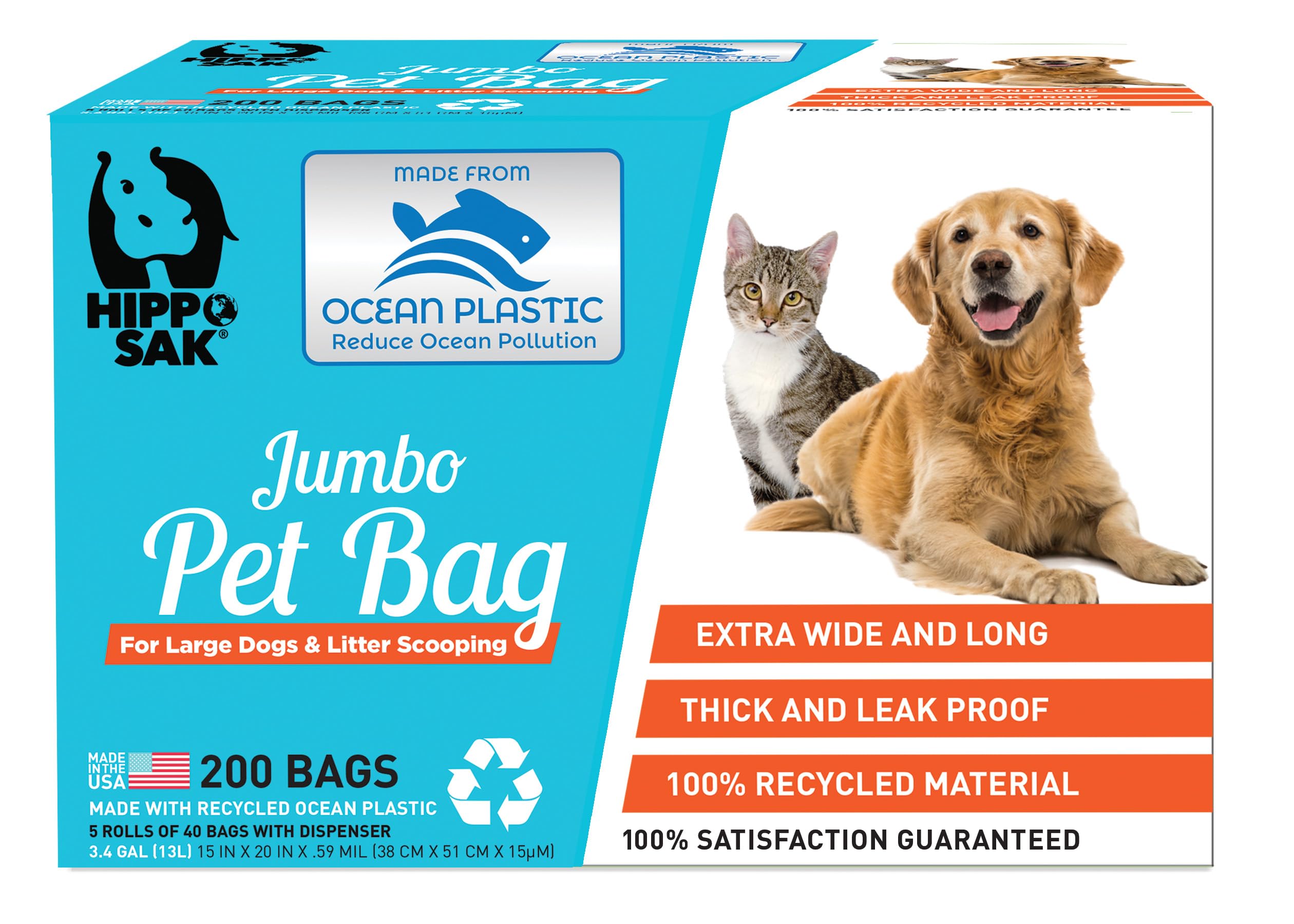 Hippo Sak® Extra Large Dog Waste Bags with Dispenser - 200 Count Eco-Friendly Poop Bags Made from Recycled Ocean Plastic | Perfect for Park Walks, Backyard Cleanup & Travel Use
