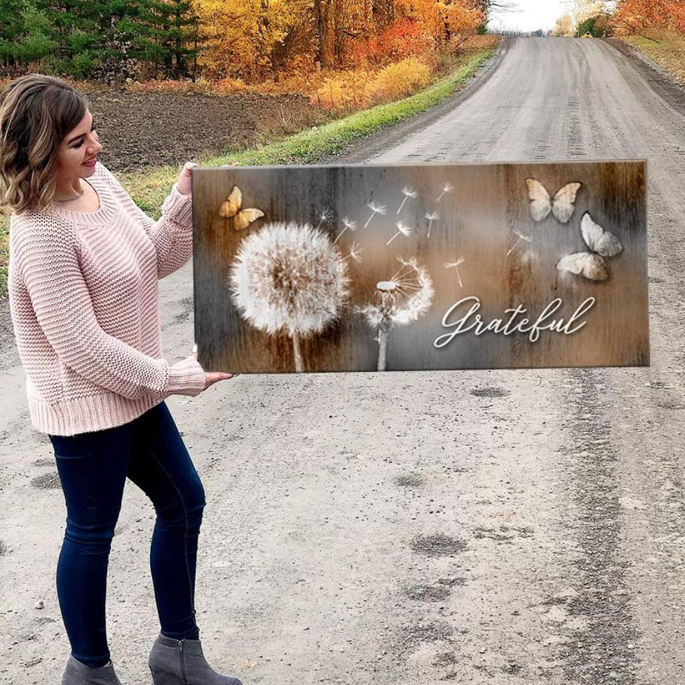 Grateful Dandelions & Butterfly Wall Art - Rustic Bedroom Decor Pictures (42x19, Brown) | Handmade Canvas Painting for Living Room, Bedroom & Office Wall Decoration