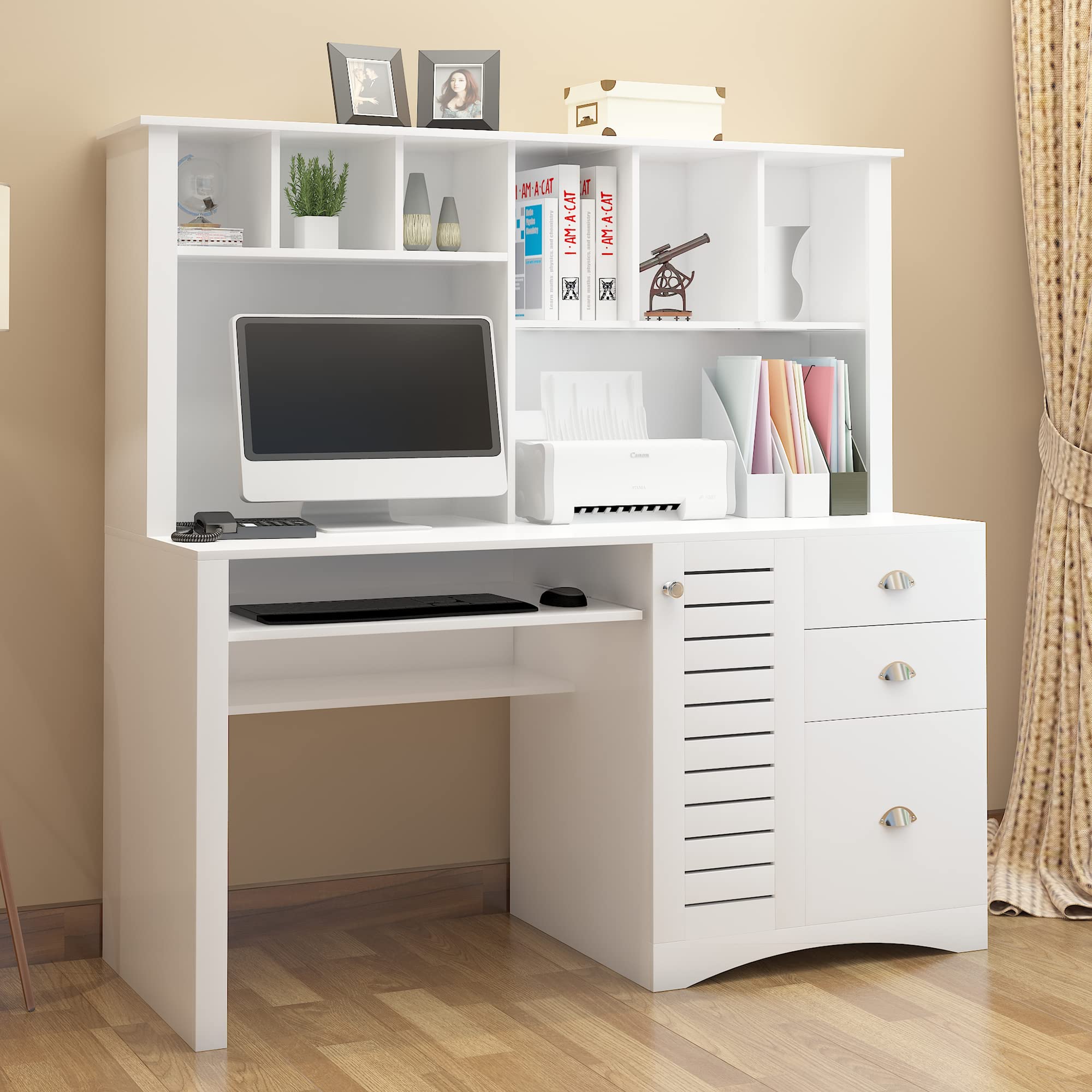 JOYSOURCE 59 Inch Large Computer Desk with 2-Tier Bookshelf & Keyboard Tray - Home Office Desk White, Study Workstation Writing Table for Small Spaces, Gaming Setup, Remote Work & Online Classes (White)