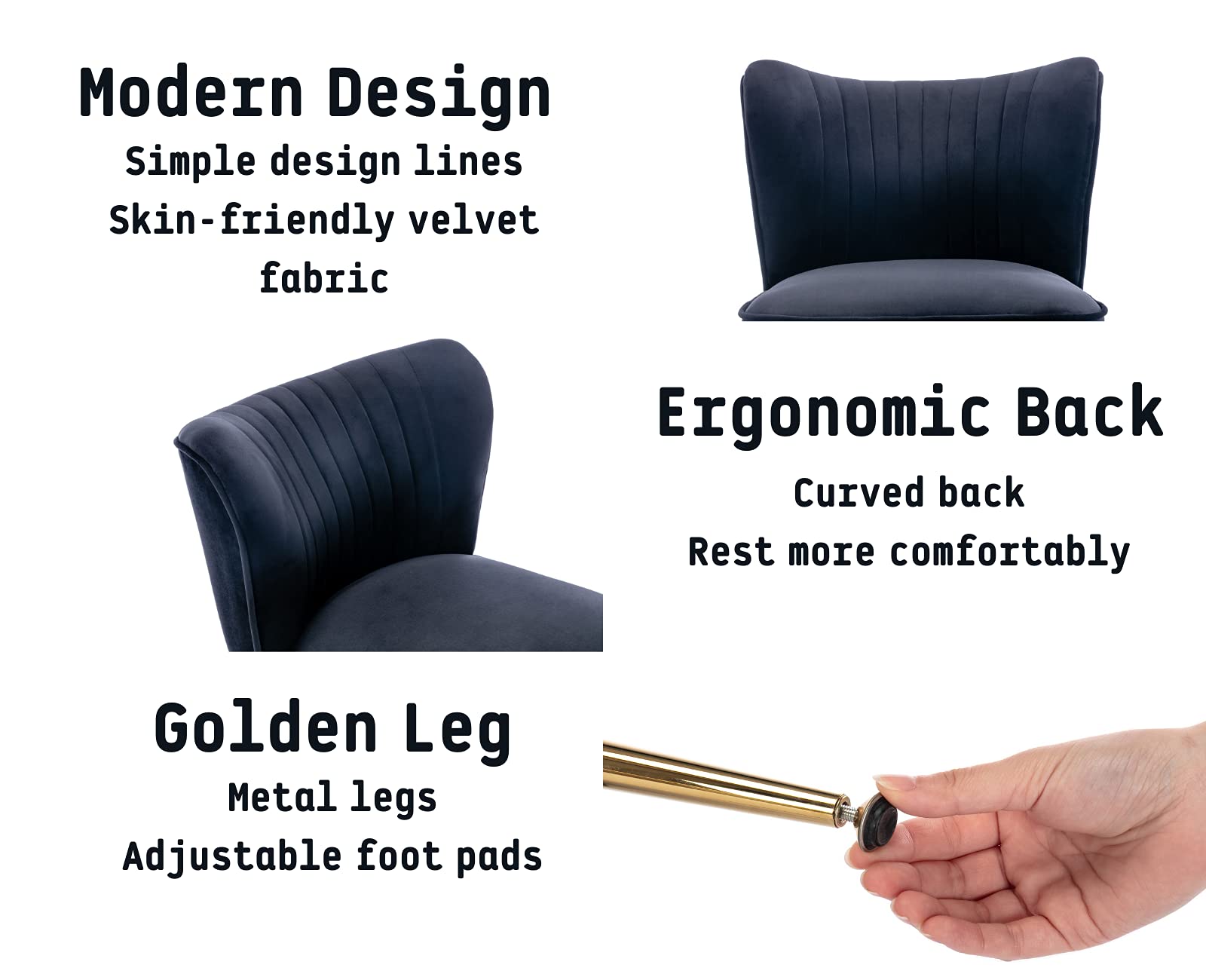 Velvet Accent Chairs Set of 2 - Mid-Century Modern Upholstered Side Chairs with Golden Legs, Armless Wingback Slipper Chairs for Living Room, Guest Room & Bedroom - Comfy Corner Seating for Home Decor, Black