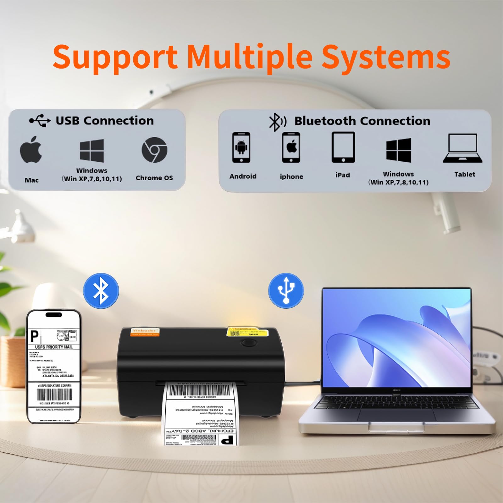 Yinleader 4x6 Thermal Bluetooth Shipping Label Printer - Compatible with Windows, Mac, ChromeOS, iOS, Android - Works with Amazon, eBay, UPS, USPS, FedEx, Shopify - Perfect for E-commerce, Small Business & Home Office Shipping (Black)