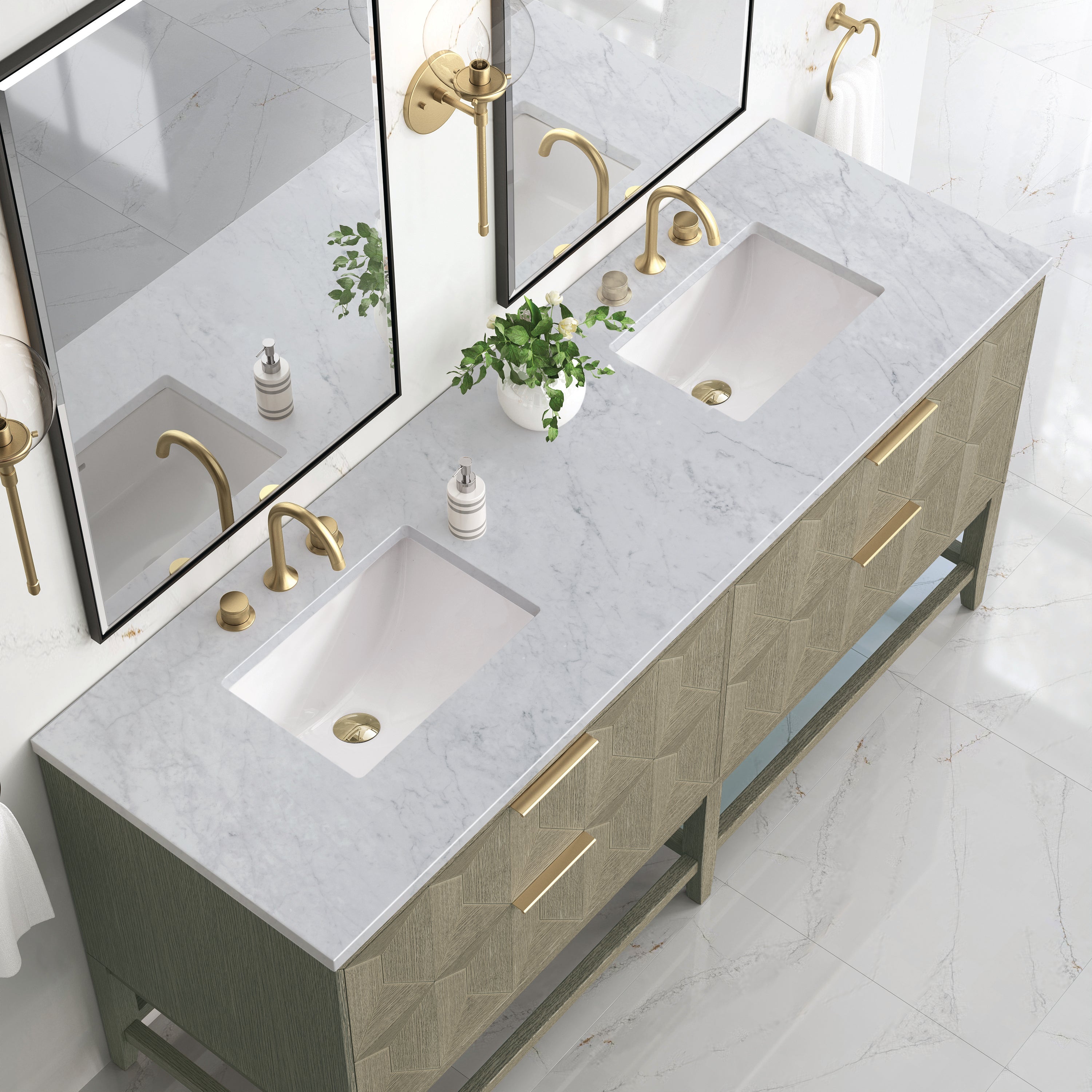Emmeline 72 Inch Double Bathroom Vanity with Pebble Oak Finish & 3CM Carrara Marble Top - Perfect for Master Bathroom Renovation and Modern Home Decor