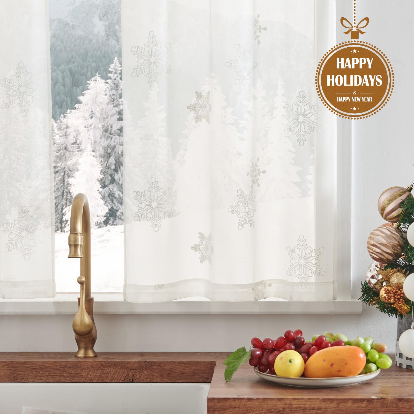 Jinchan White Sheer Curtains 36 Inch - Snowflake Embroidered Voile Window Drapes for Kitchen, Bathroom, Bedroom & RV - Winter Holiday Decor with Rod Pocket (Set of 2 Panels) - Perfect for Cozy Home, Cafe & Seasonal Decoration