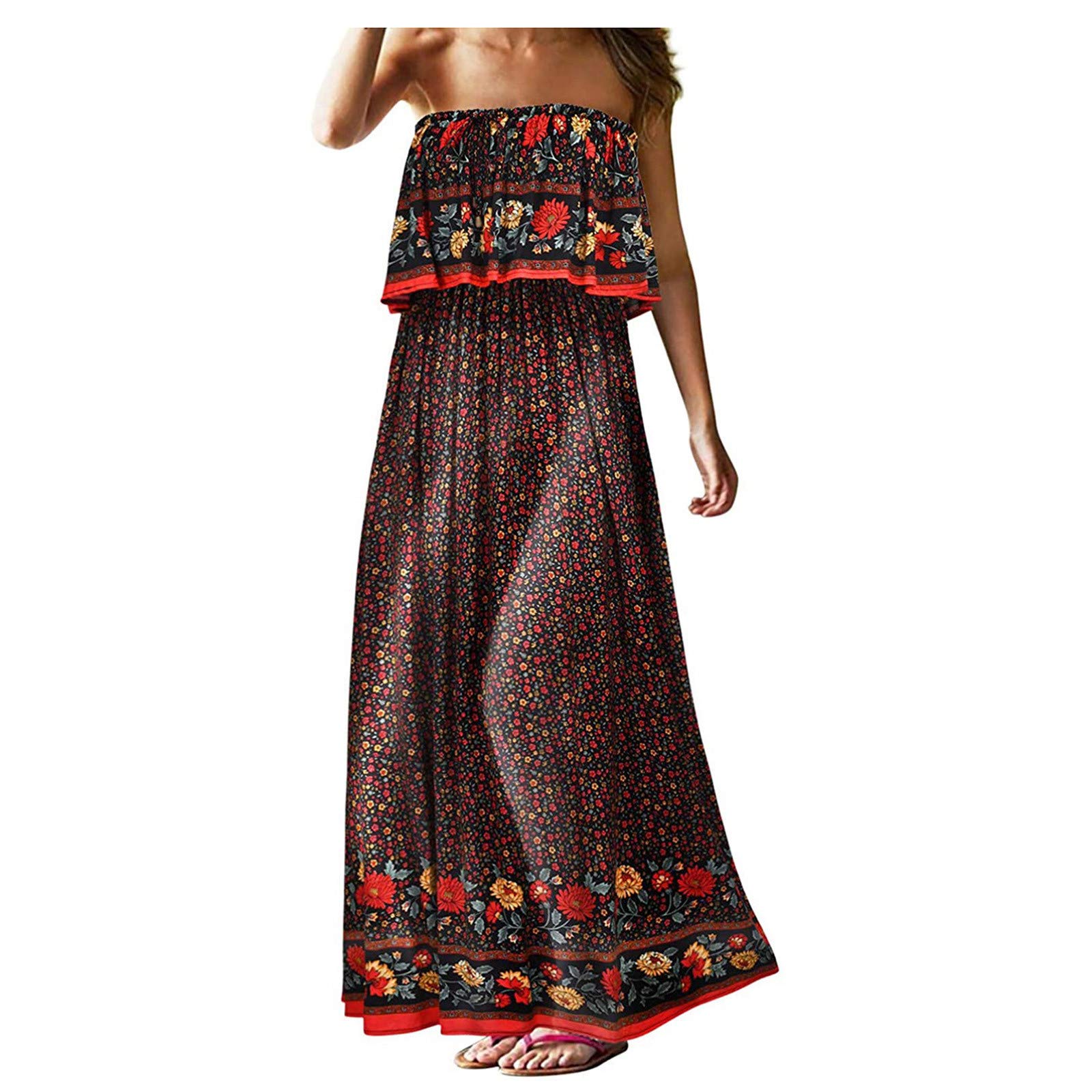 Elegant Black Strapless Long Dress for Women - Summer Bohemian Floral Print Maxi Dress for Funeral, Beach & Holiday Occasions | Perfect for Formal Events, Vacations & Special Occasions