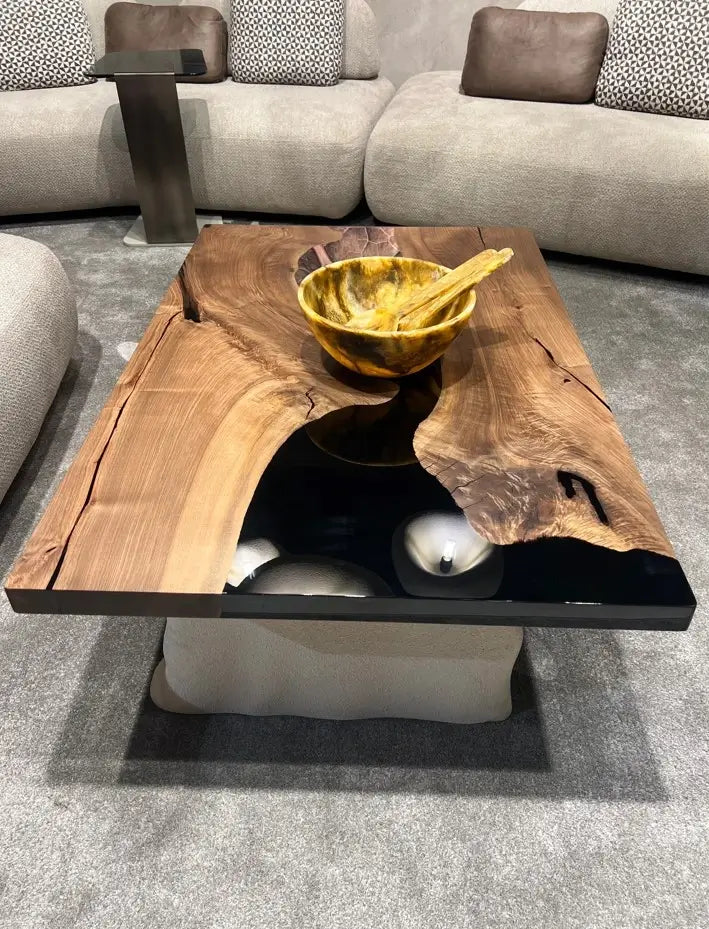 Epoxy Resin Walnut Coffee Table with Stone-Look Legs - Modern Living Room Centerpiece for Home Decor