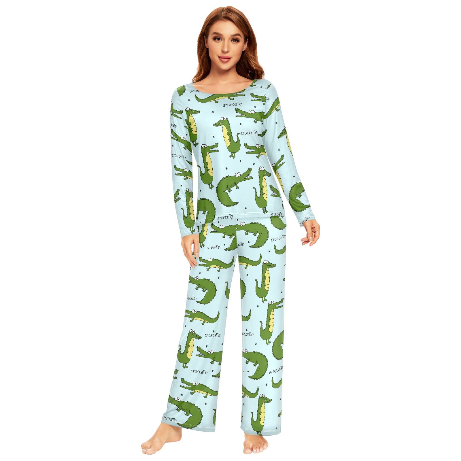 **Cute Crocodile Print Women's Pajama Set - Long Sleeve Sleepwear & Lounge Pants - Soft Cotton Comfy Sleepwear for Women - Perfect for Relaxing at Home or Sleepovers**