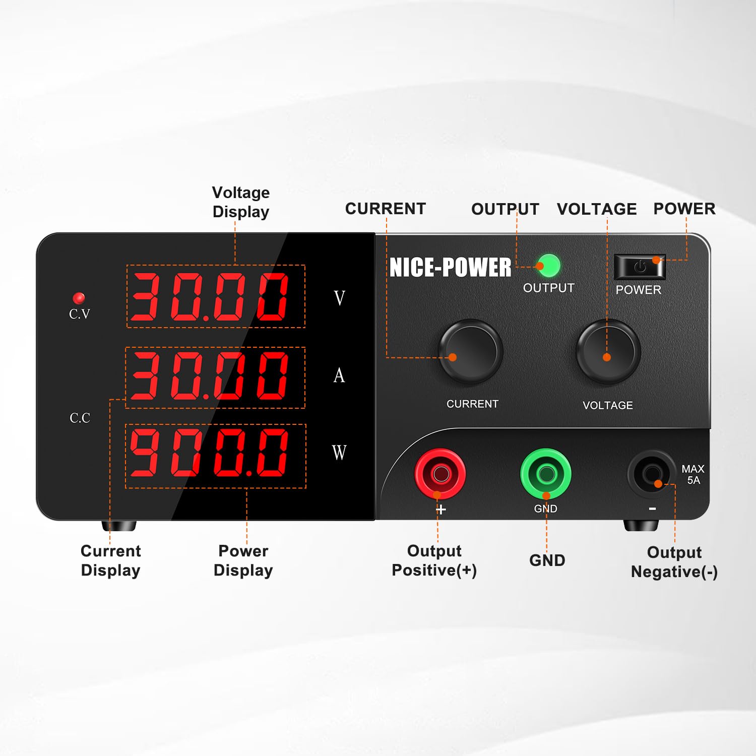 900W Adjustable DC Power Supply 30V 30A - Variable Lab Bench Power Supply with Encoder Knob & Output Switch | High Precision Switching Regulated Power Supply for Electronics Repair, Testing & DIY Projects