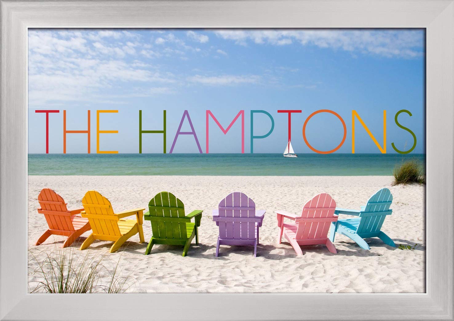 Colorful Beach Chairs in The Hamptons - 12x18 Giclee Fine Art Print with Recycled Wood Frame & Silver Accents - Perfect for Coastal Home Decor, Beach House Wall Art, and Hamptons-Inspired Interior Design