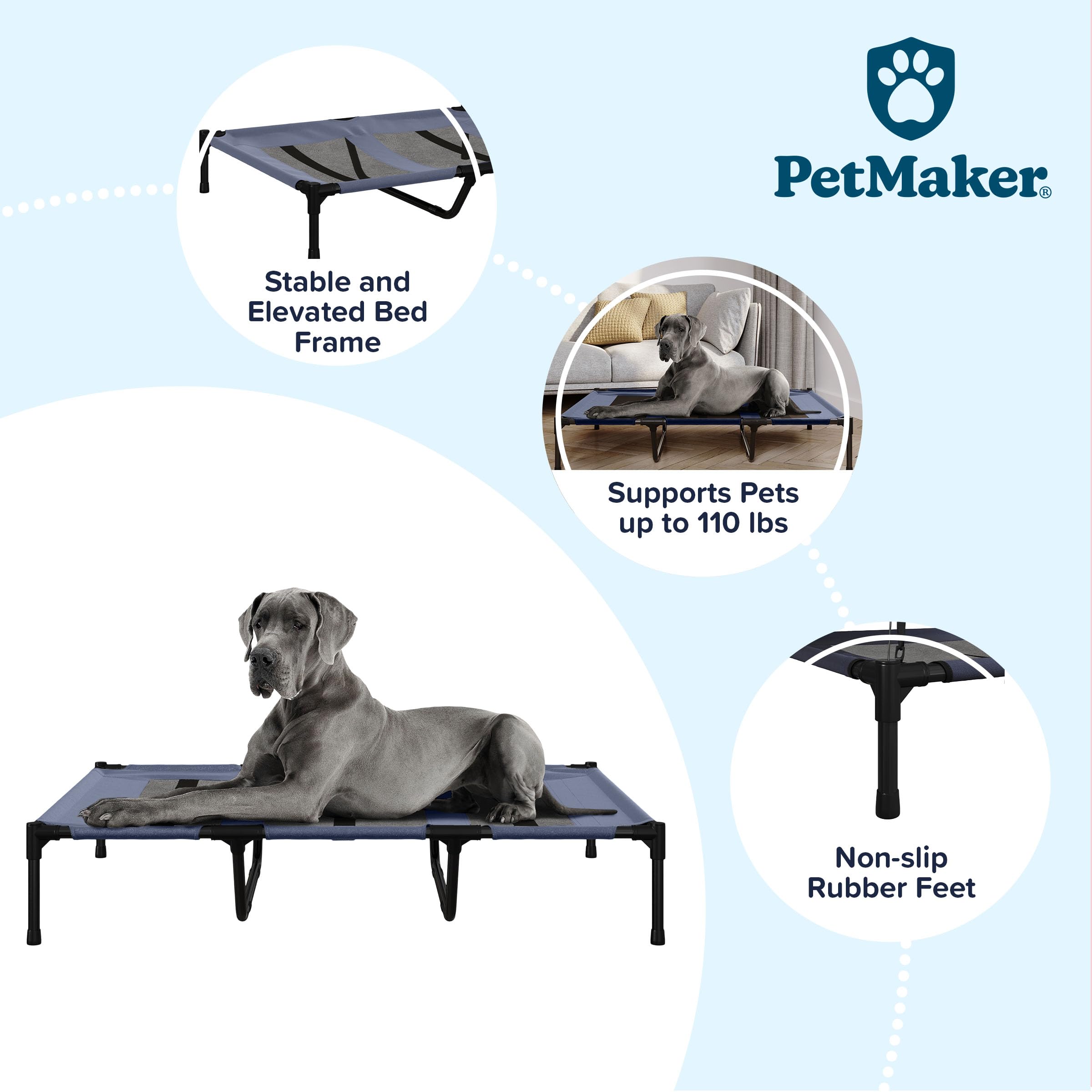Premium Elevated Dog Bed - 48x35.5 Inch Portable Pet Cot with Non-Slip Feet - Indoor/Outdoor Cooling Bed for Large Dogs up to 110lbs - Durable & Breathable Design for Home, Patio, Camping & Travel - PETMAKER (Blue)