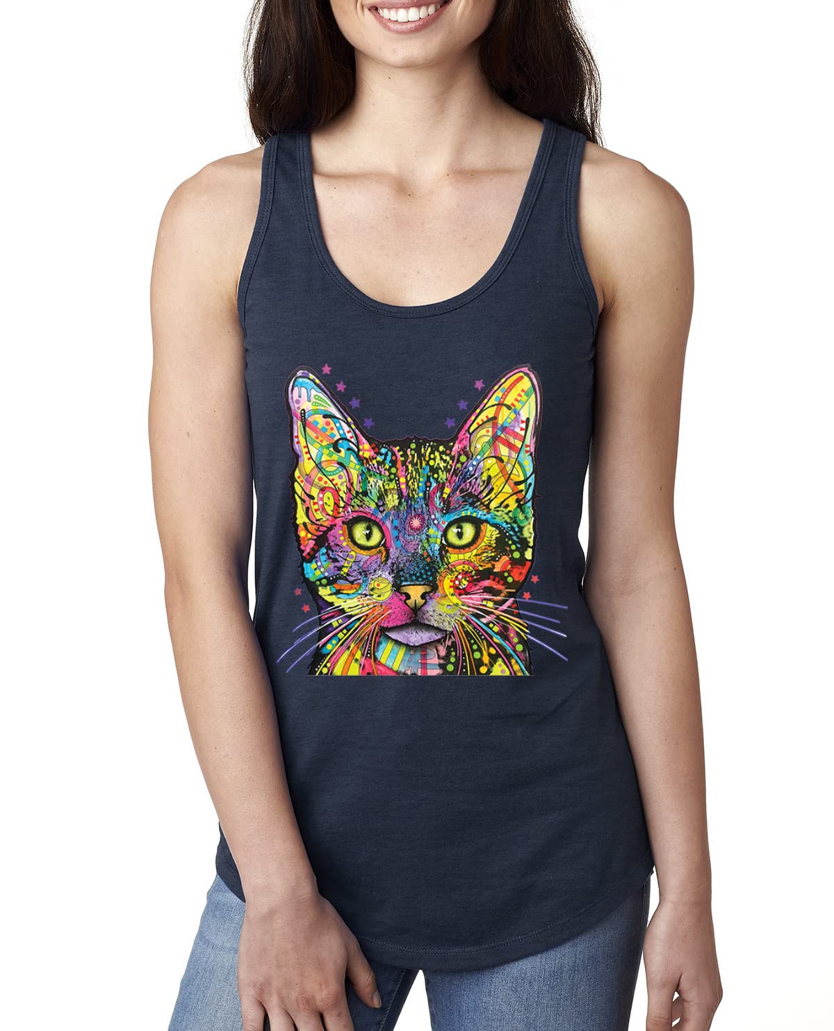 Dean Russo Art Cat Lover Racerback Tank Top - Colorful Cat Mom & Dad Design for Women - Perfect for Casual Wear, Gifts & Animal Enthusiasts