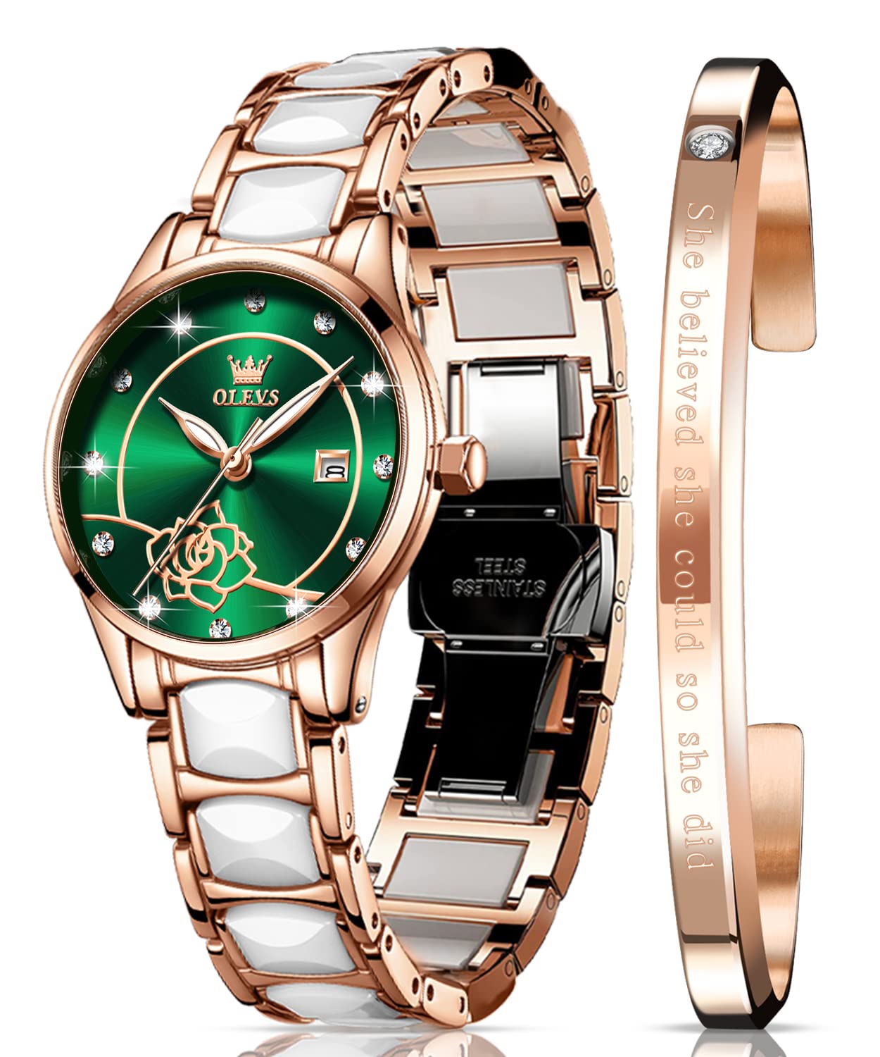 OLEVS Women's Rose Gold Two-Tone White Ceramic Watch with Pink/Red Dial, Stainless Steel, Waterproof, Date Display - Perfect for Casual, Office & Special Occasions
