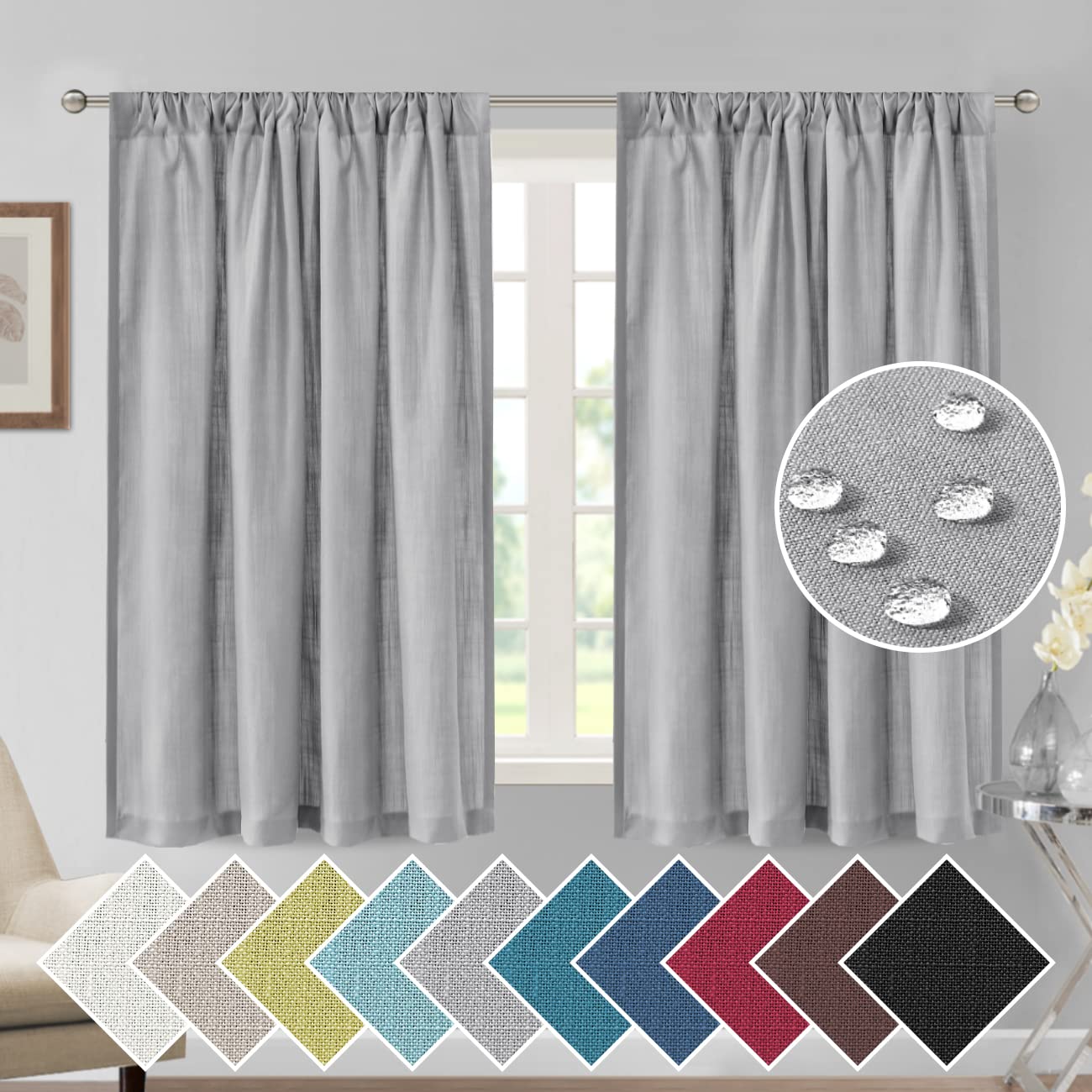 H.VERSAILTEX 54 Inch Linen Kitchen Curtains Set - 2 Panels Waterproof Window Treatment for Bathroom & Bedroom, Energy Saving Privacy Shade, Grey - Perfect for Modern Homes, Apartments & Dorm Rooms