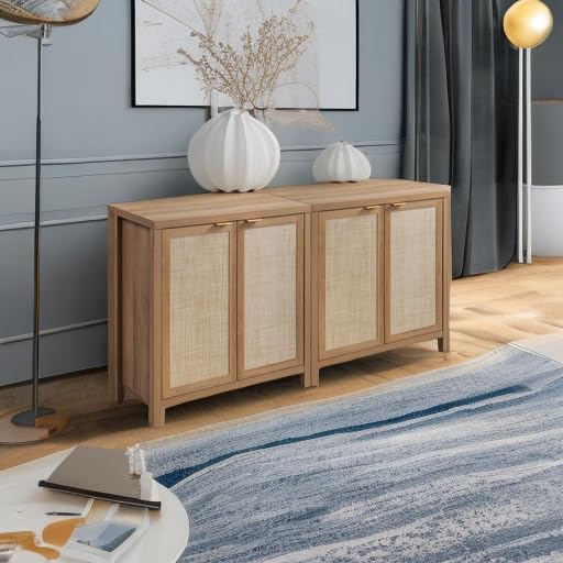 SICOTAS 2-Piece Rattan Sideboard Buffet Cabinet - Farmhouse Kitchen Storage, Coffee Bar Console Table - Boho Accent Furniture for Entryway, Living Room - Oak Wood Finish | Perfect for Home Decor, Dining Room Storage & Entertainment Areas