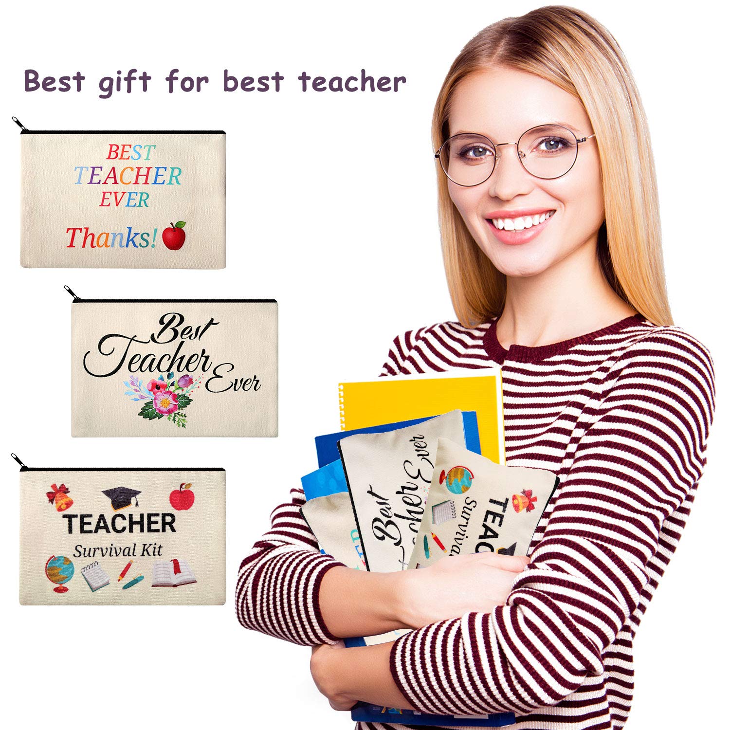 15-Piece Canvas Makeup Bag Set for Teachers - Cosmetic Pouch, Pencil Case & Travel Toiletry Organizer with Zipper - Perfect Teacher Appreciation Gift (3 Styles) - Great for School, Travel & Daily Organization
