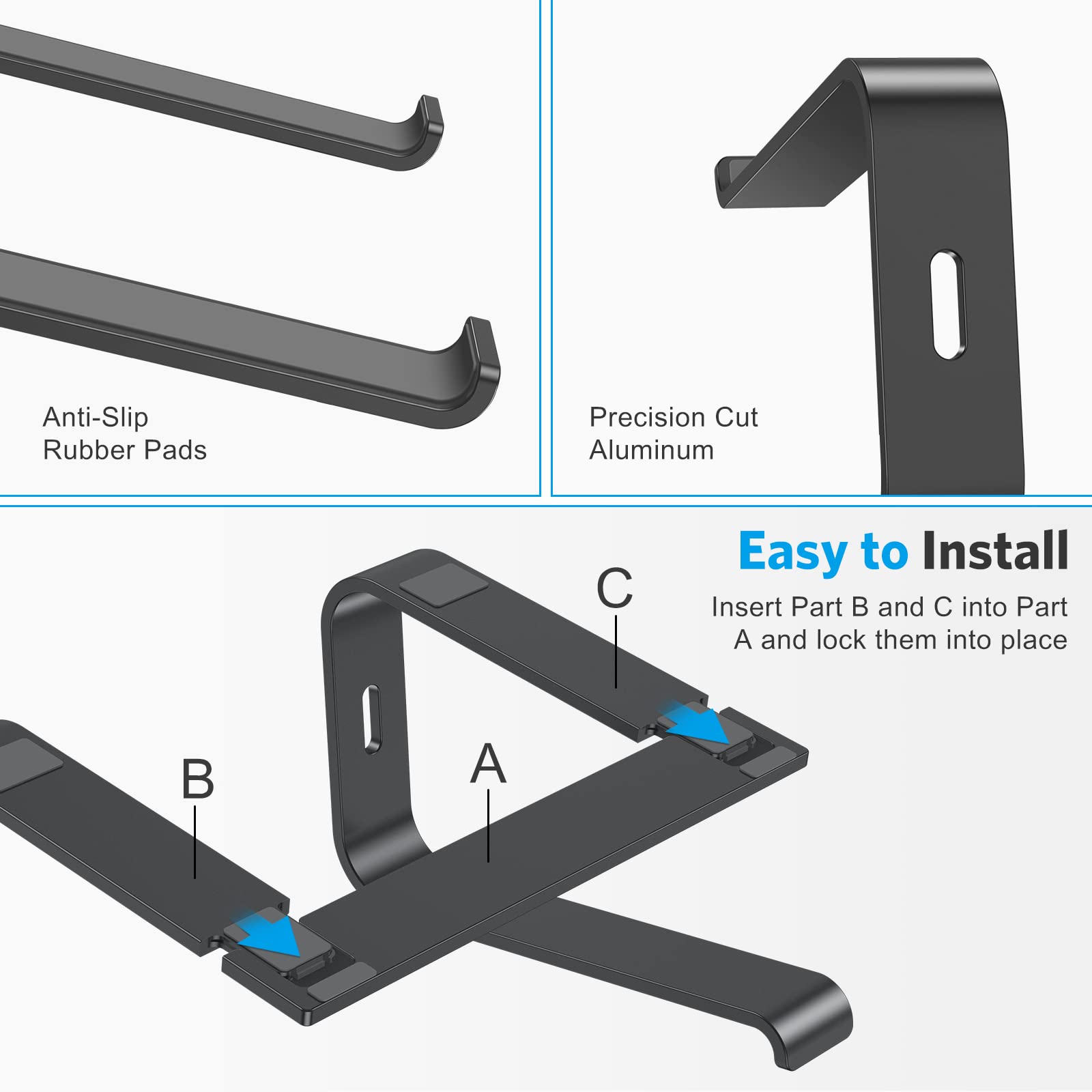 OMOTON Adjustable Aluminum Laptop Stand for Desk - Ergonomic Detachable Laptop Holder Compatible with MacBook Air/Pro, Dell, HP, Lenovo (11-16 Inch) - Perfect for Home Office, Gaming & Workstation Setup - Black