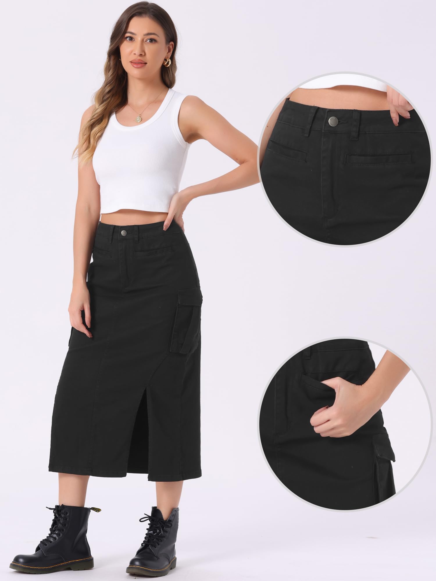 Allegra K Women's Y2K Cargo Skirts - Split Hem Denim Midi Skirt | High Waisted A-Line Skirts for Casual Wear, Street Style & Retro Fashion Outfits