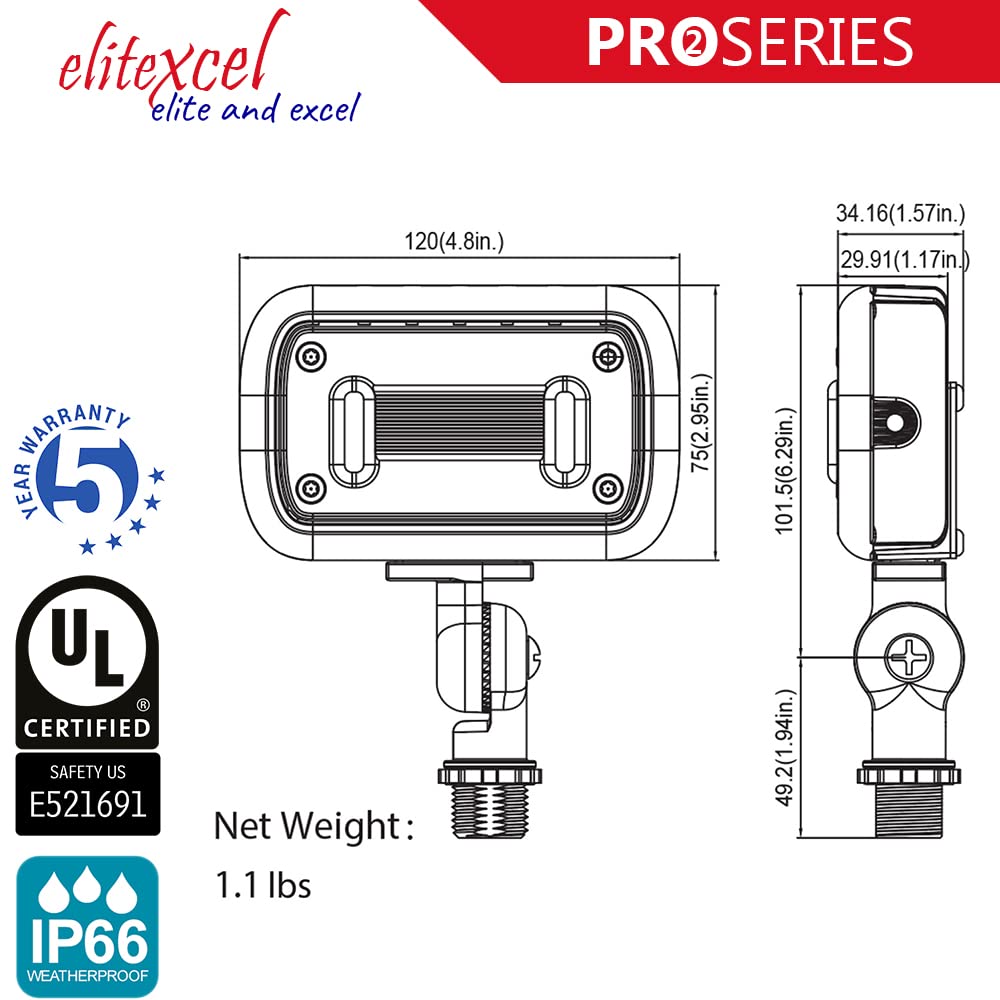 EliteXcel Gen2 15W UL Listed LED Flood Flagpole Light - 1500 Lumen, 5000K Daylight, Waterproof Outdoor Security Light with 1/2