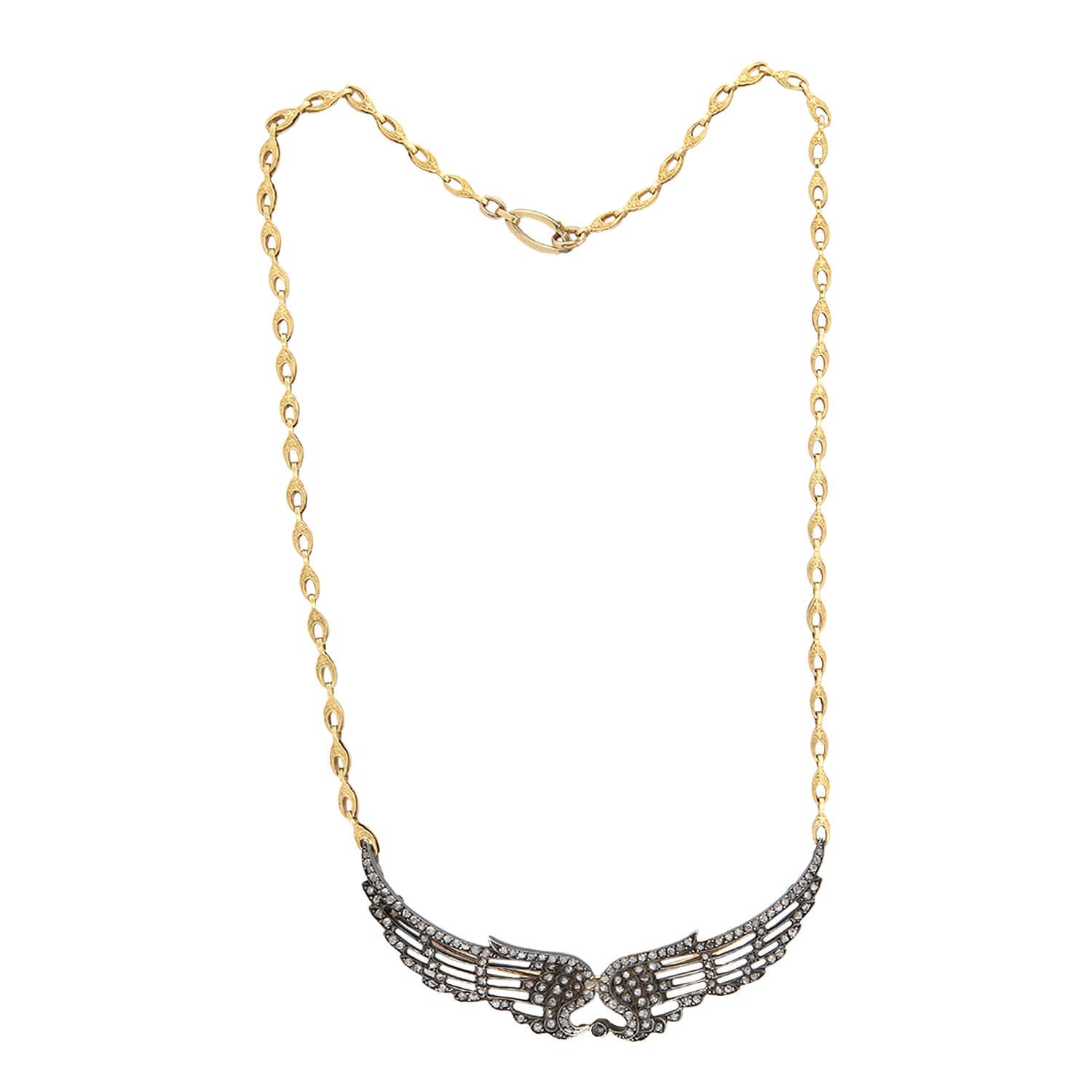 Victorian Style Large 18K Gold/Sterling Silver Diamond Wing Brooch & Pendant Necklace with 14K Gold Chain - Perfect for Vintage Jewelry Lovers, Special Occasions & Gift Giving