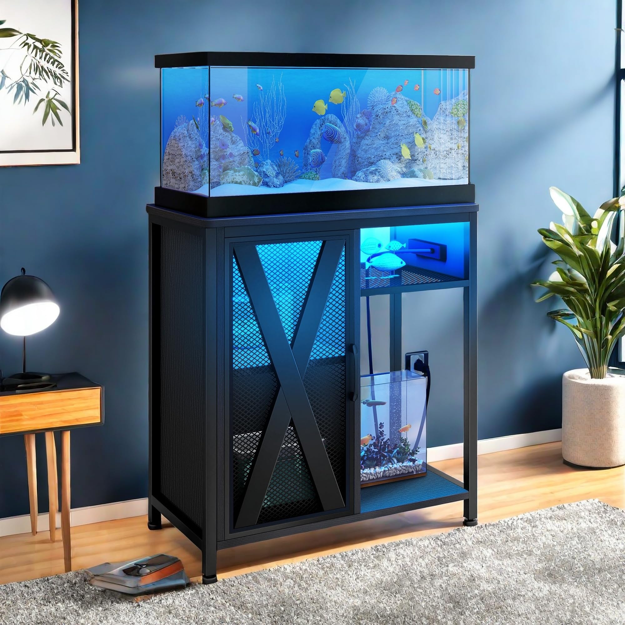 YITAHOME 20-29 Gallon Metal Aquarium Stand with Power Outlets & LED Light - Heavy Duty Fish Tank Stand with Storage Cabinet for Turtle Tanks, Reptile Terrariums - 350LBS Capacity, Black - Perfect for Home, Office & Pet Store Displays