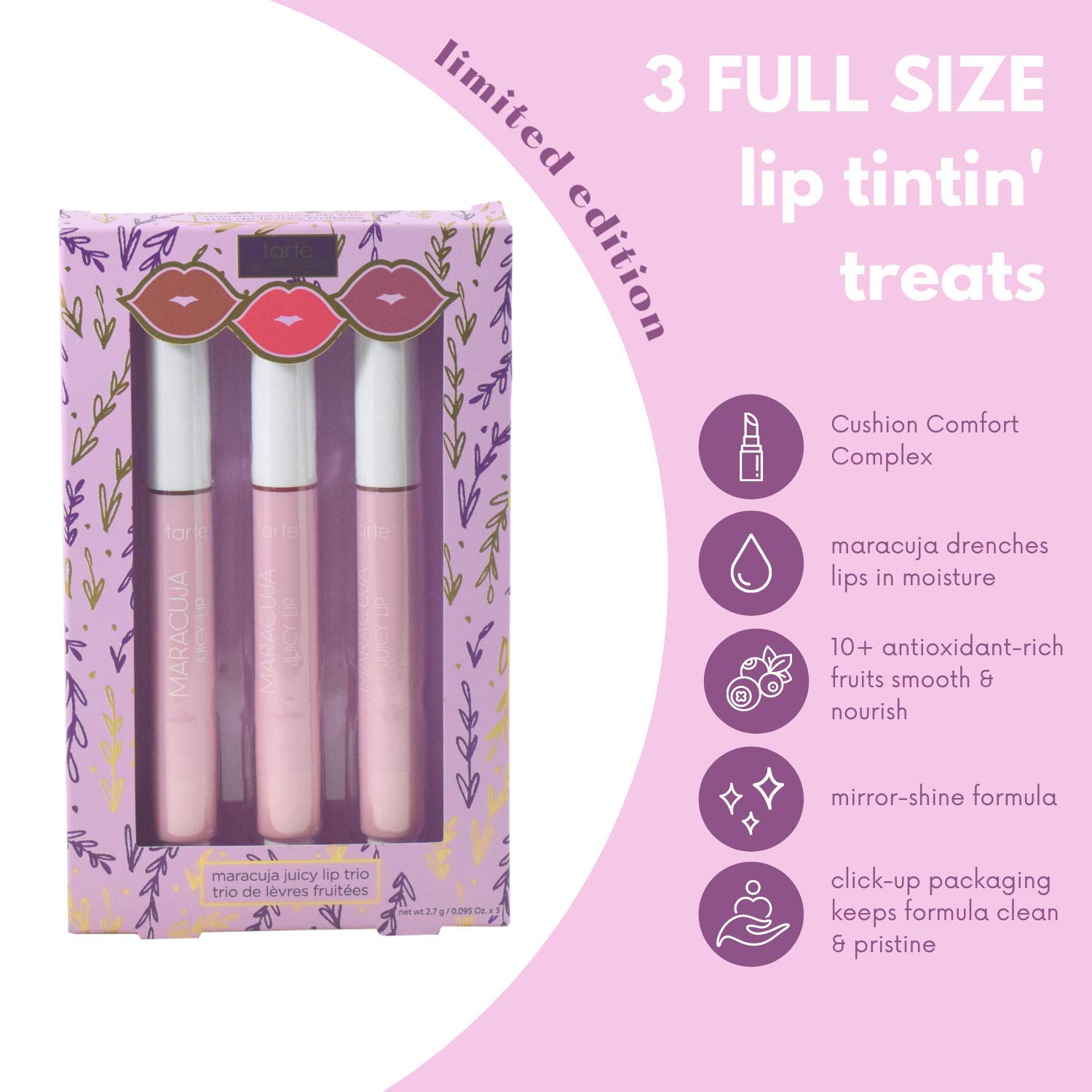 Tarte Maracuja Juicy Lip Balm Trio - Buttered Rum, Merry Martini, Holiday Spritz | Hydrating Lip Care Set for Christmas Gifts & Winter Makeup Essentials