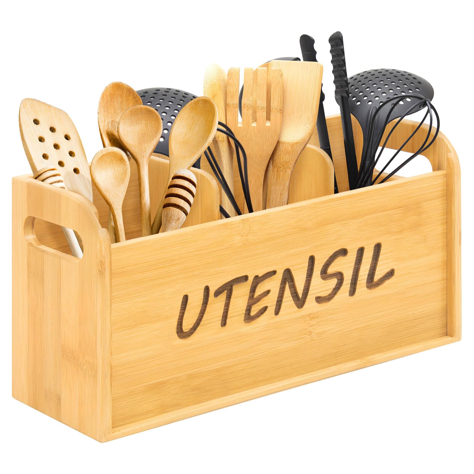 Bamboo Kitchen Utensil Holder - 3 Compartment Countertop Organizer for Cooking Tools