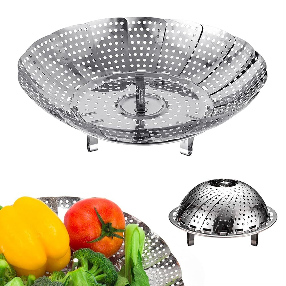 Stainless Steel Veggie Steamer Basket - Expandable & Collapsible Metal Steamer Insert for Cooking Vegetables, Dumplings & More - Fits Various Pot Sizes - Perfect for Healthy Meal Prep & Kitchen Cooking