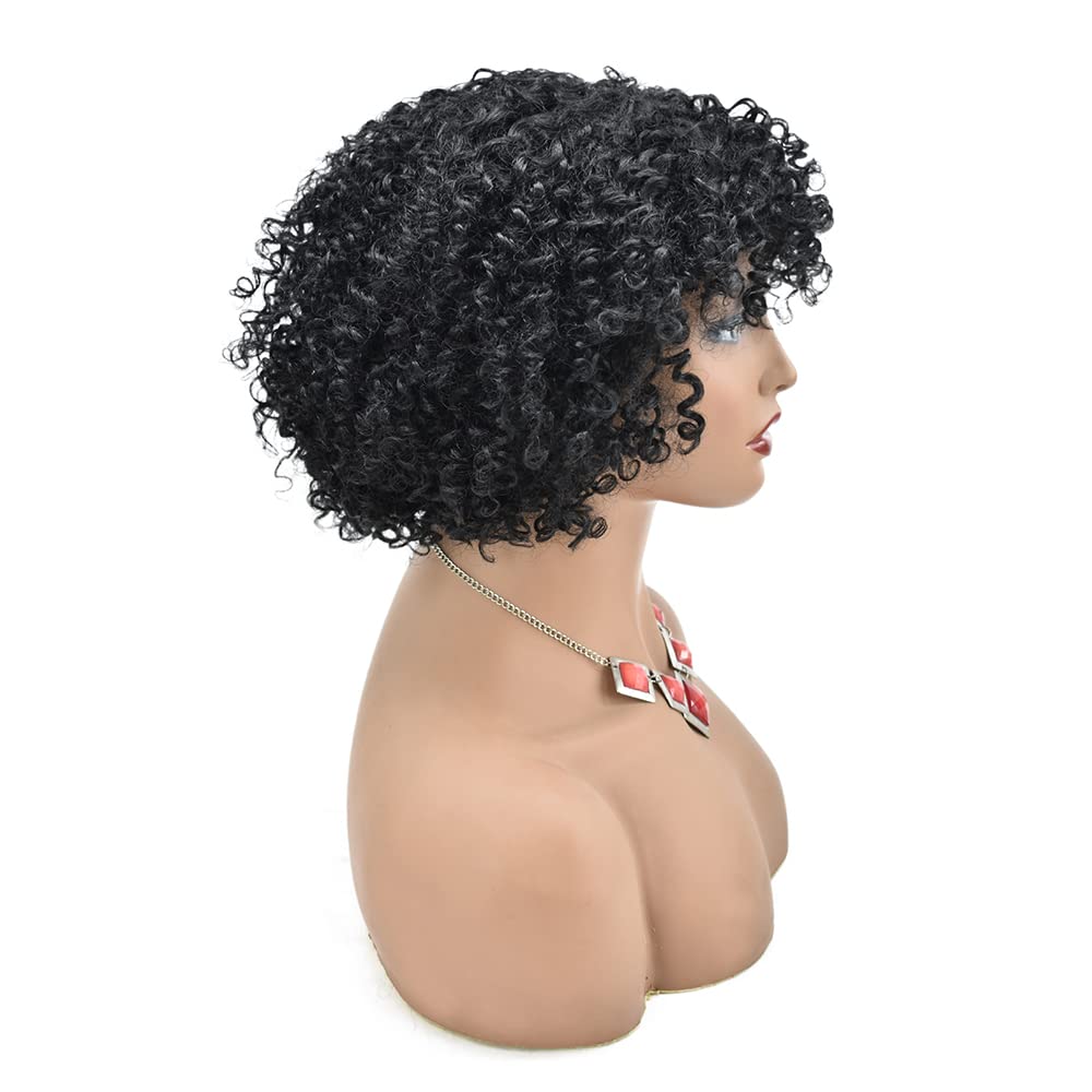 Short Afro Curly Human Hair Wig for Black Women - Kinky Curly Machine Made Wig with Bangs | Natural Looking Synthetic Hairpiece for African American Women | Perfect for Daily Wear, Cosplay & Special Occasions (JMH0400, Jet Black)