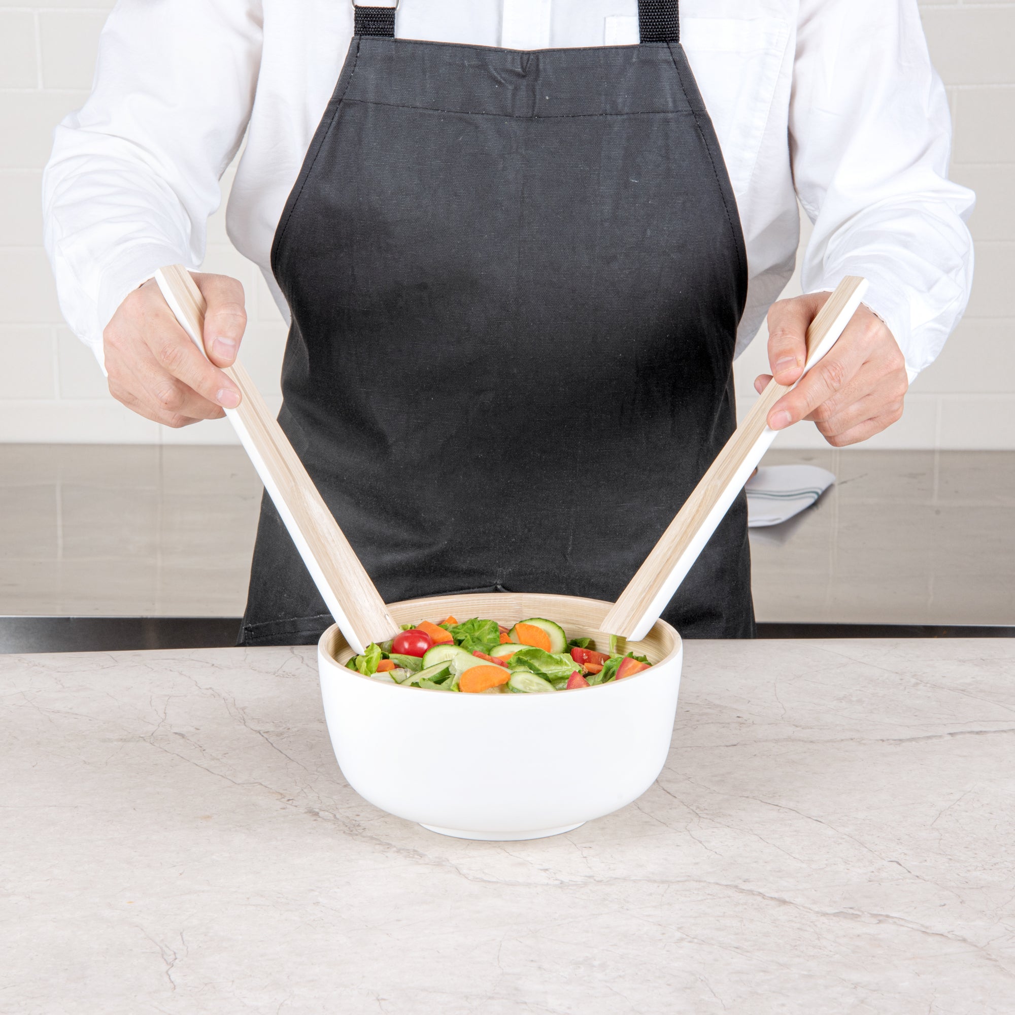 Bambuddha White Spun Bamboo 2-Piece Salad Serving Set - 9.75 Inch Eco-Friendly Utensils for Healthy Meals & Dinner Parties | Perfect for Salads, Pasta, and Entertaining