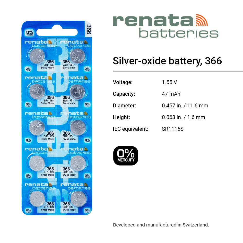 Renata 366 SR1116SW Silver Oxide Watch Batteries - 1.55V Long-Lasting Power (10-Pack) for Watches, Calculators & Medical Devices