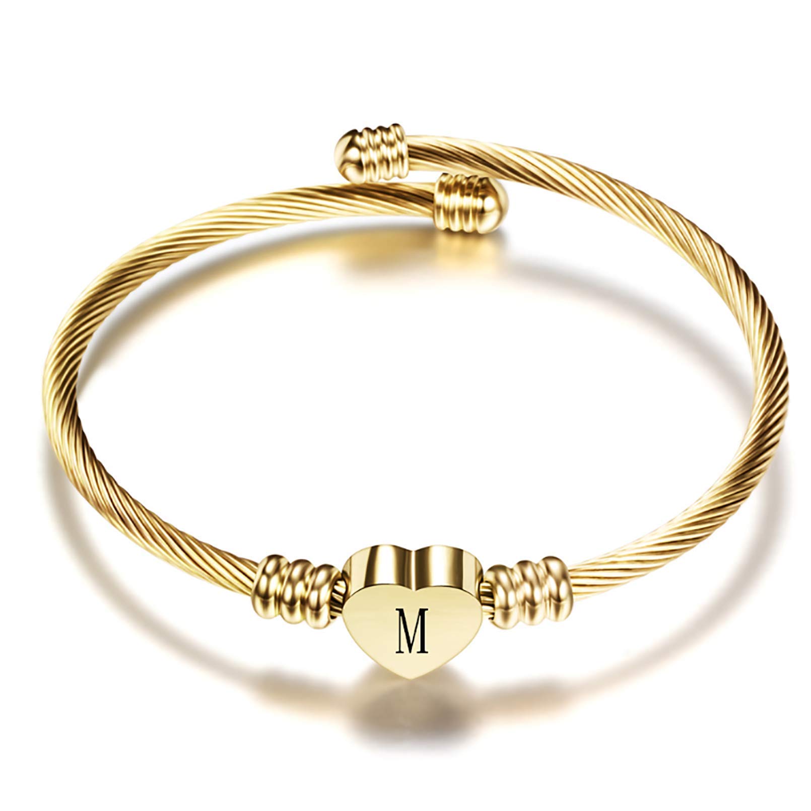 Personalized Gold Plated Heart Initial A-Z Letter Cuff Bracelet for Women & Girls - Expandable Stainless Steel Jewelry - Perfect for Birthday Gifts, Valentine's Day & Everyday Fashion Accessories