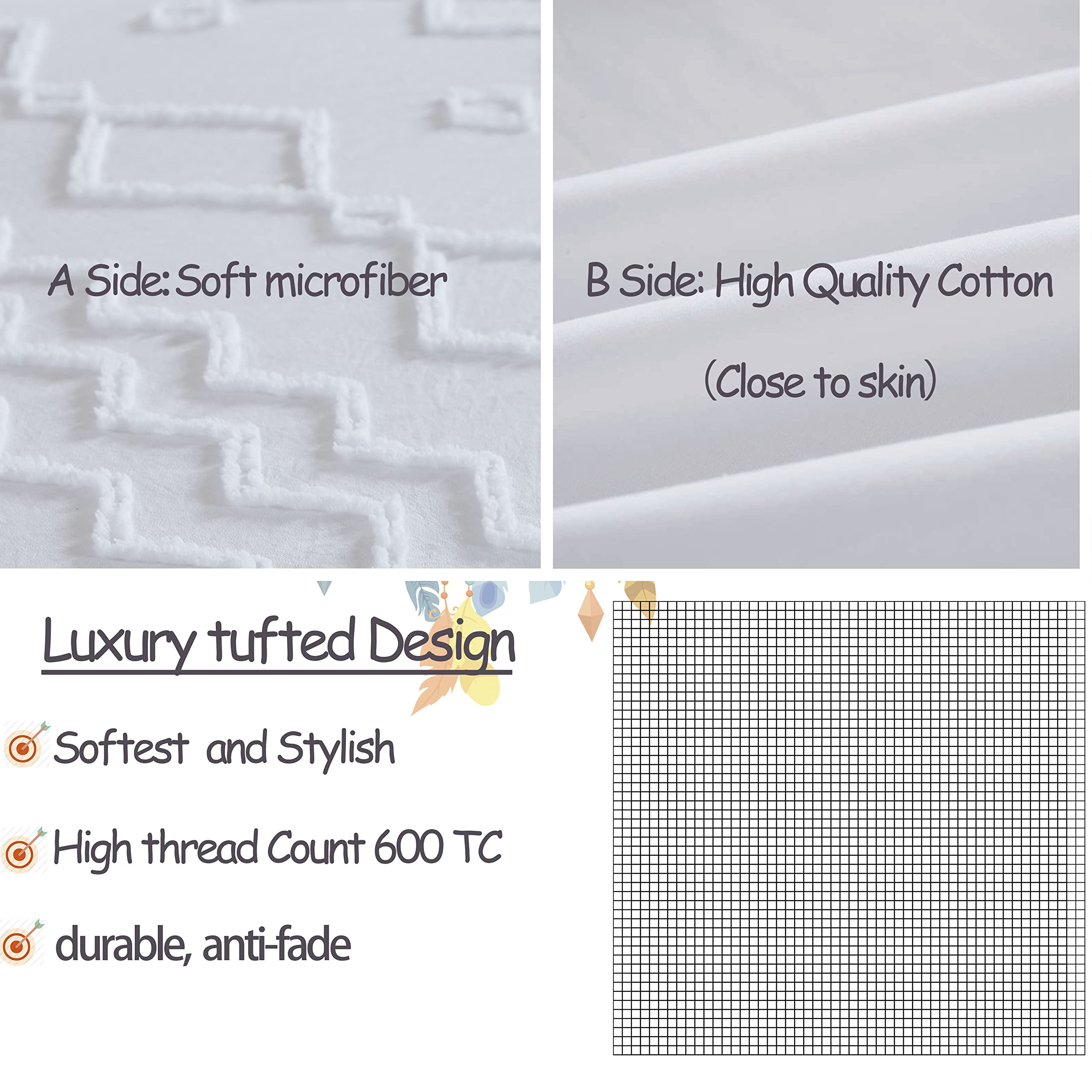 Boho Duvet Cover Queen Size - 3 Piece Cotton Farmhouse Bedding Set with White Pom Pom Trim | Reversible Soft Zipper Closure | Shabby Chic Home Decor for All Seasons | Perfect for Guest Rooms, Master Bedrooms & Cozy Boho Aesthetic