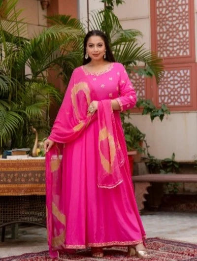 Stylish Pink Bandhani Anarkali Plus Size Kurti Dupatta Set of 2 - Elegant Indian Ethnic Outfit for Women, Perfect for Weddings, Festivals & Special Occasions
