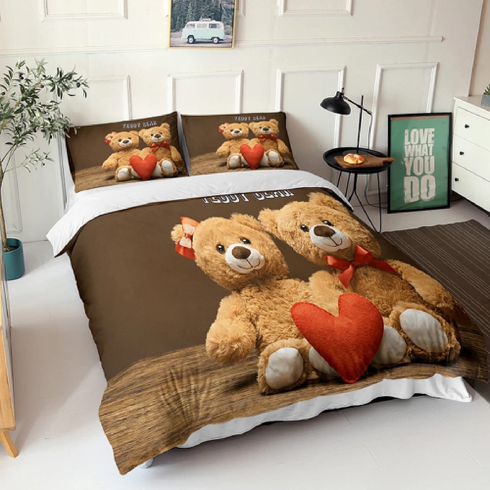 3D Printed Cartoon Teddy Bear Microfiber Duvet Cover Set - Queen/King/Twin/Full Size for Kids & Adults | Soft Bed in a Bag with Pillowcases | Perfect for Nursery, Guest Room & Cozy Bedroom Decor