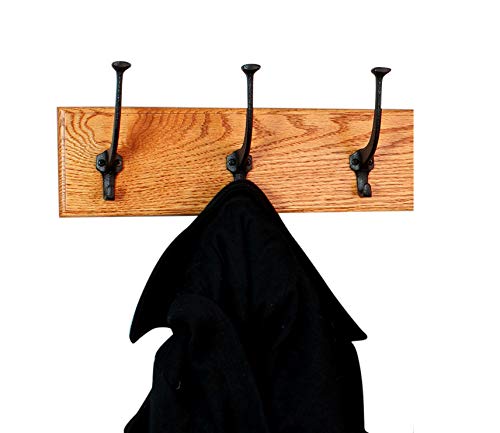 Solid Oak Wall Mounted Coat Rack with 8 Large Black Mission Hooks - Handcrafted in USA - Burnt Orange Finish - 41
