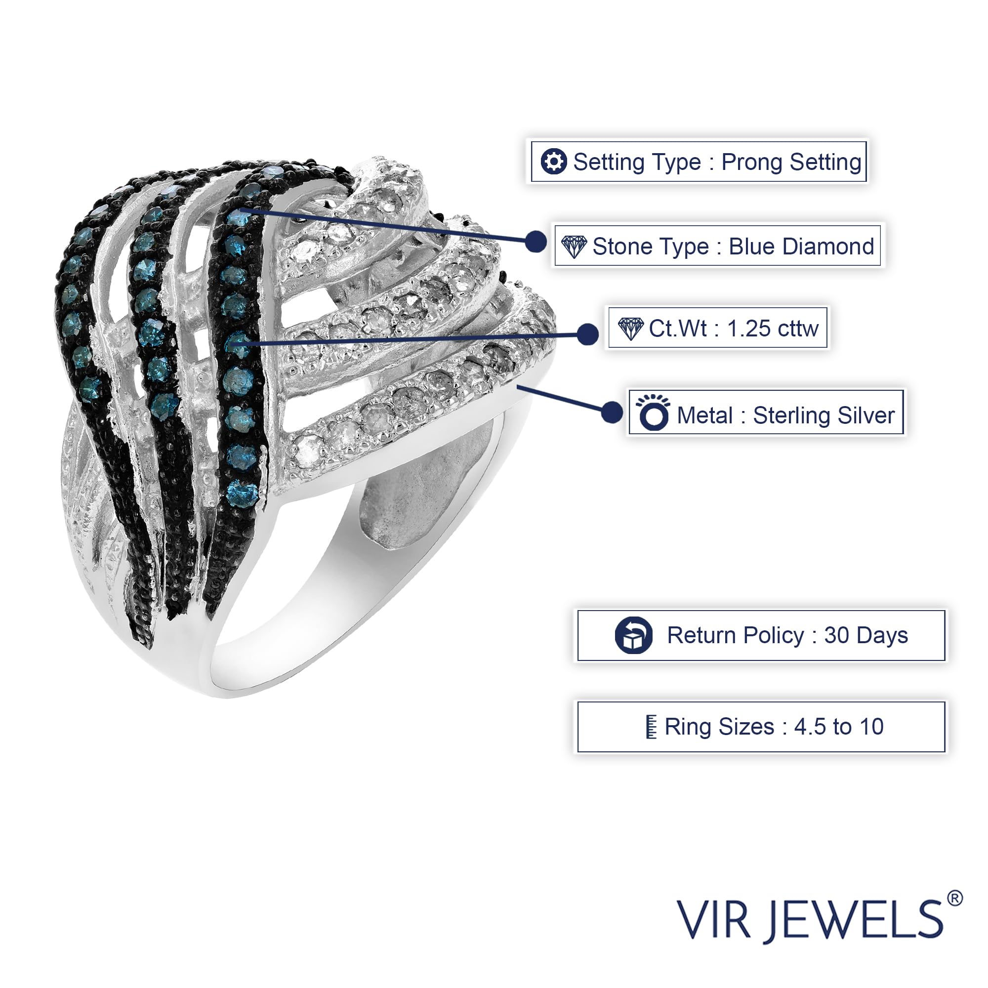 1.25 CTTW Blue & White Diamond Cocktail Ring - .925 Sterling Silver Size 7 - Elegant Jewelry for Parties, Weddings & Special Occasions
