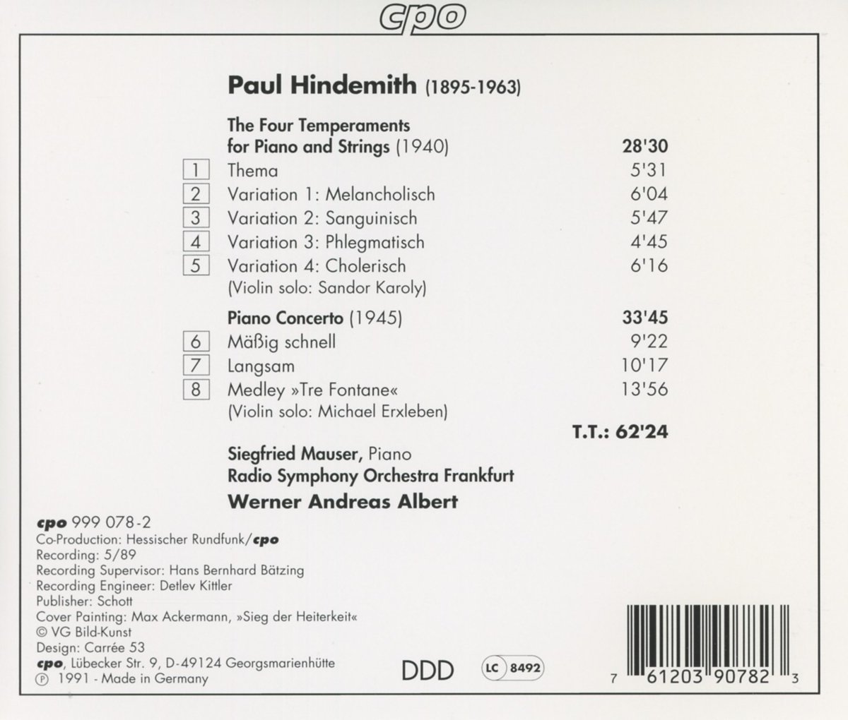 Paul Hindemith: The Four Temperaments for Piano & Strings / Piano Concerto - Siegfried Mauser | Classical Music CD | Perfect for Concert Enthusiasts & Music Collectors
