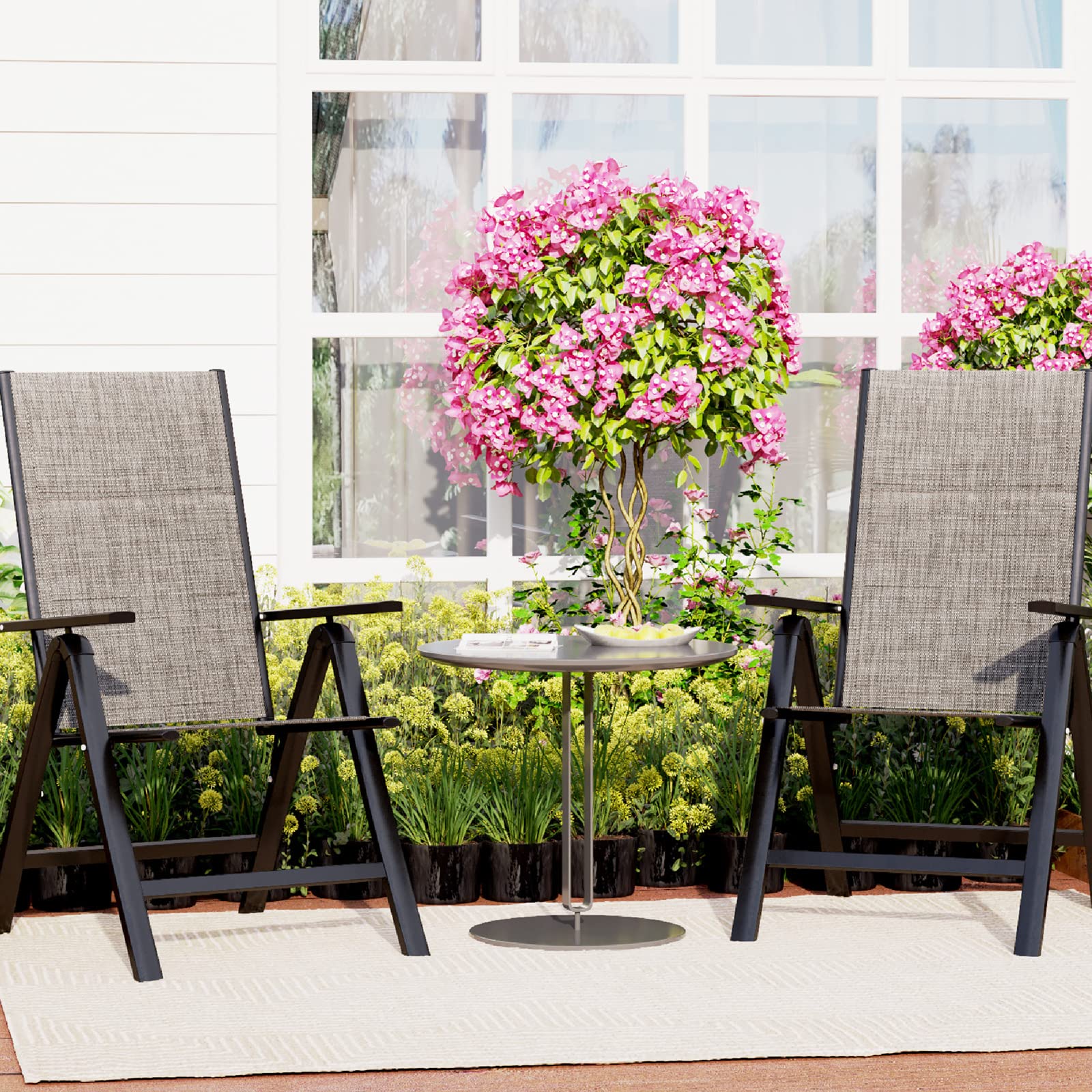 MFSTUDIO 2 Pack Aluminum Folding Patio Chairs with Arms - Adjustable Textilene Outdoor Dining Chairs for Backyard, Garden, Poolside & Camping - 7-Level Reclining, Portable & Weather-Resistant (Grey)