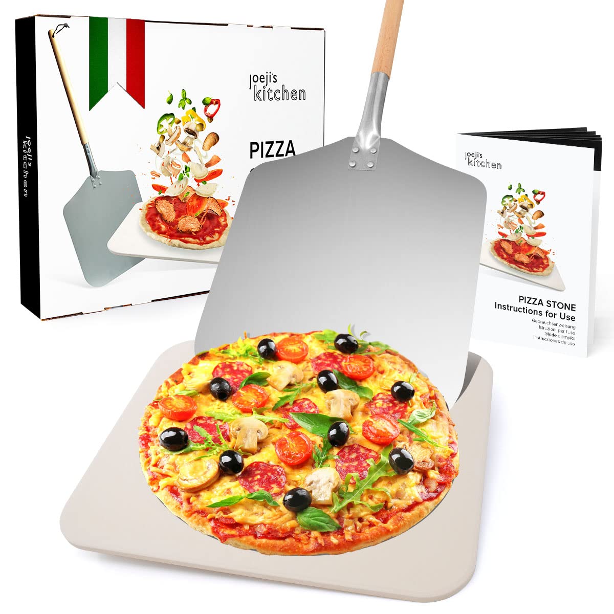 Joeji's 30 x 38cm Cordierite Pizza Stone & Aluminum Peel Set with Removable Wooden Handle - Perfect for Oven, Grill, BBQ - Ideal for Baking Bread, Pizza, Cookies & More