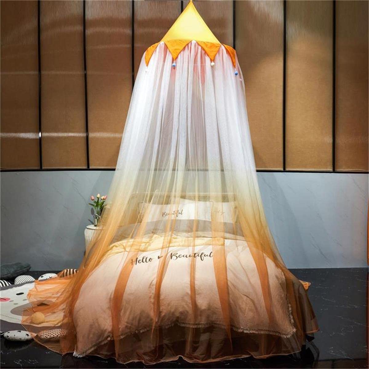 Eimilaly Gradient Orange Bed Canopy with Crown Top Design - Full Size Princess Canopy for Girls & Boys Bedroom Decor, Breathable Mesh Netting - Perfect for Kids' Room, Nursery, or Fantasy Themed Bedrooms