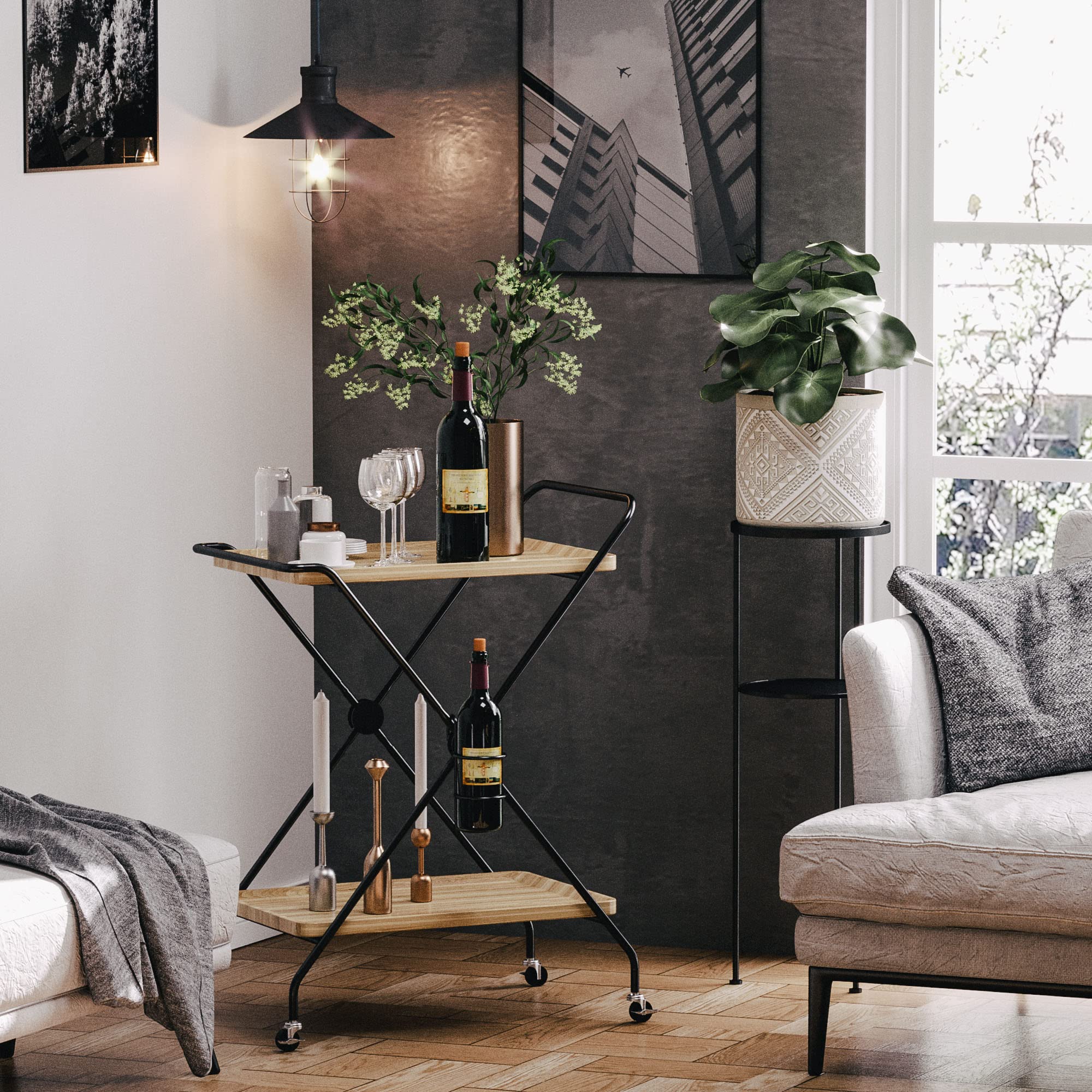 **IRONCK 2-Tier Industrial Bar Cart with Wheels - Mobile Kitchen & Liquor Cart with Glass Holder - Beige/Black - Perfect for Living Room, Dining Room & Home Bar**