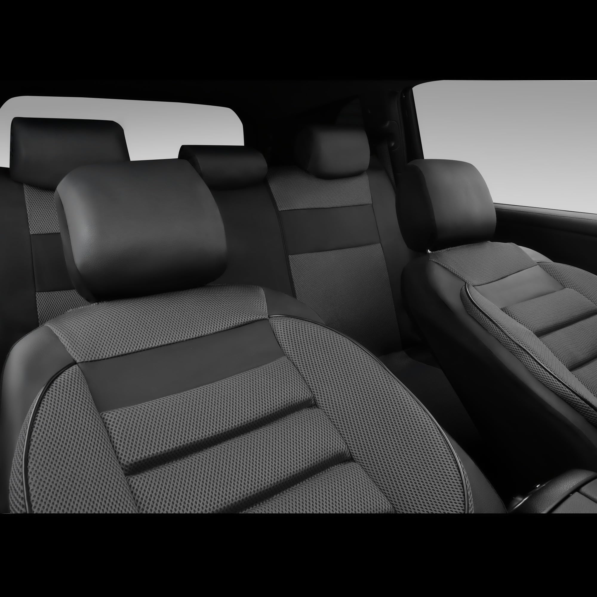 Premium 3D Foam Back Support Leather Car Seat Covers Full Set - Breathable Air Mesh Design for All Seasons | Universal Fit for Sedan, SUV, Van | Airbag Compatible & Ergonomic Support (Black Charcoal Gray) | Perfect for Long Drives, Commuting & Road Trips