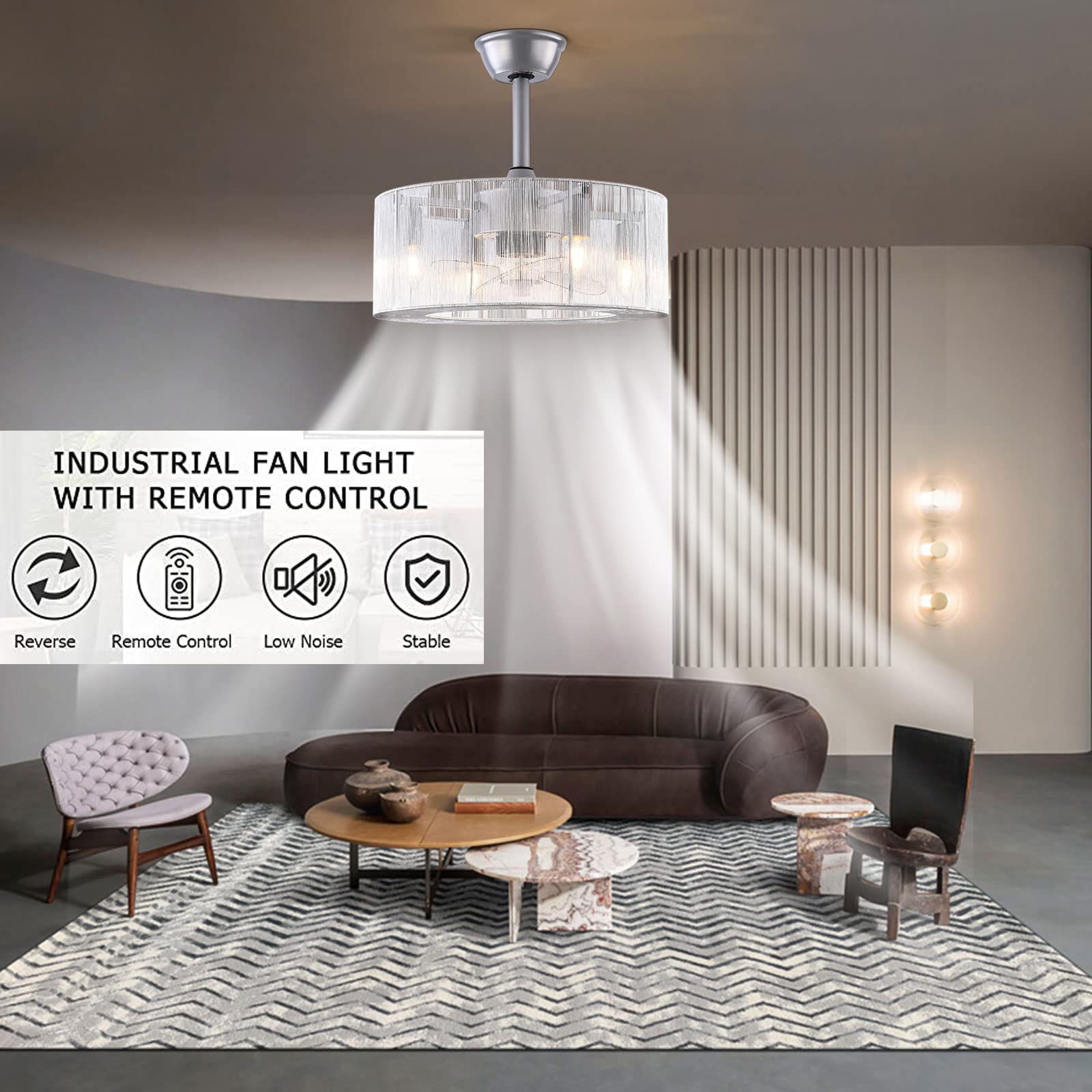 TFCFL 18 Inch Modern Bladeless Ceiling Fan with Remote Control - Low Profile Caged Design, 3 Speed Settings, E26x4 Bulb Base - Perfect for Bedroom, Dining Room & Living Room (Silver) | Energy Efficient Indoor Cooling & Stylish Lighting Solution