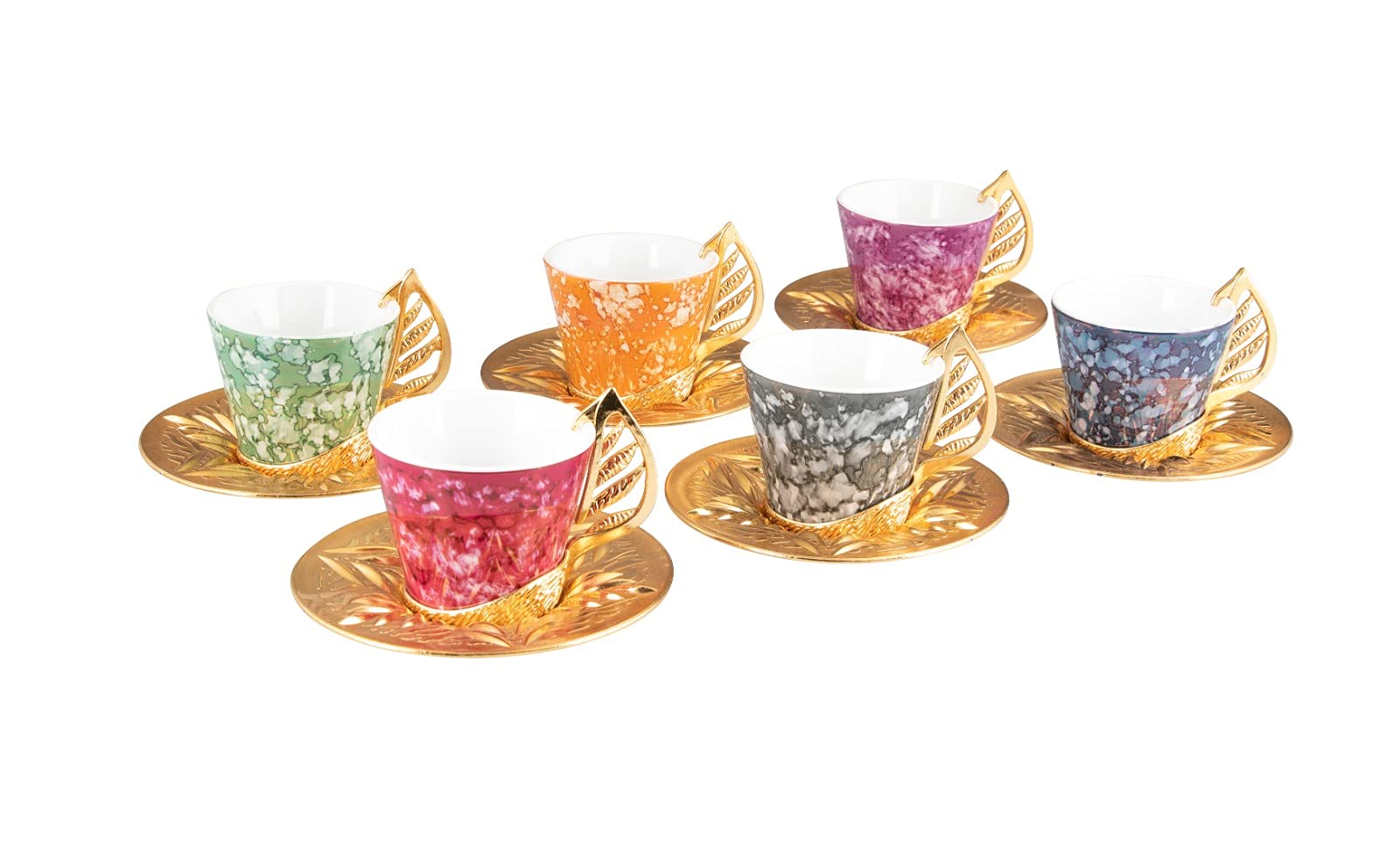 LaModaHome 6-Piece Colorful Porcelain Espresso Coffee Cup Set with Saucers - Turkish/Arabic/Greek Style Coffee Cups for Women & Men - Perfect for Home, Office, Wedding Gifts & Entertaining Guests - Elegant Gold Accents