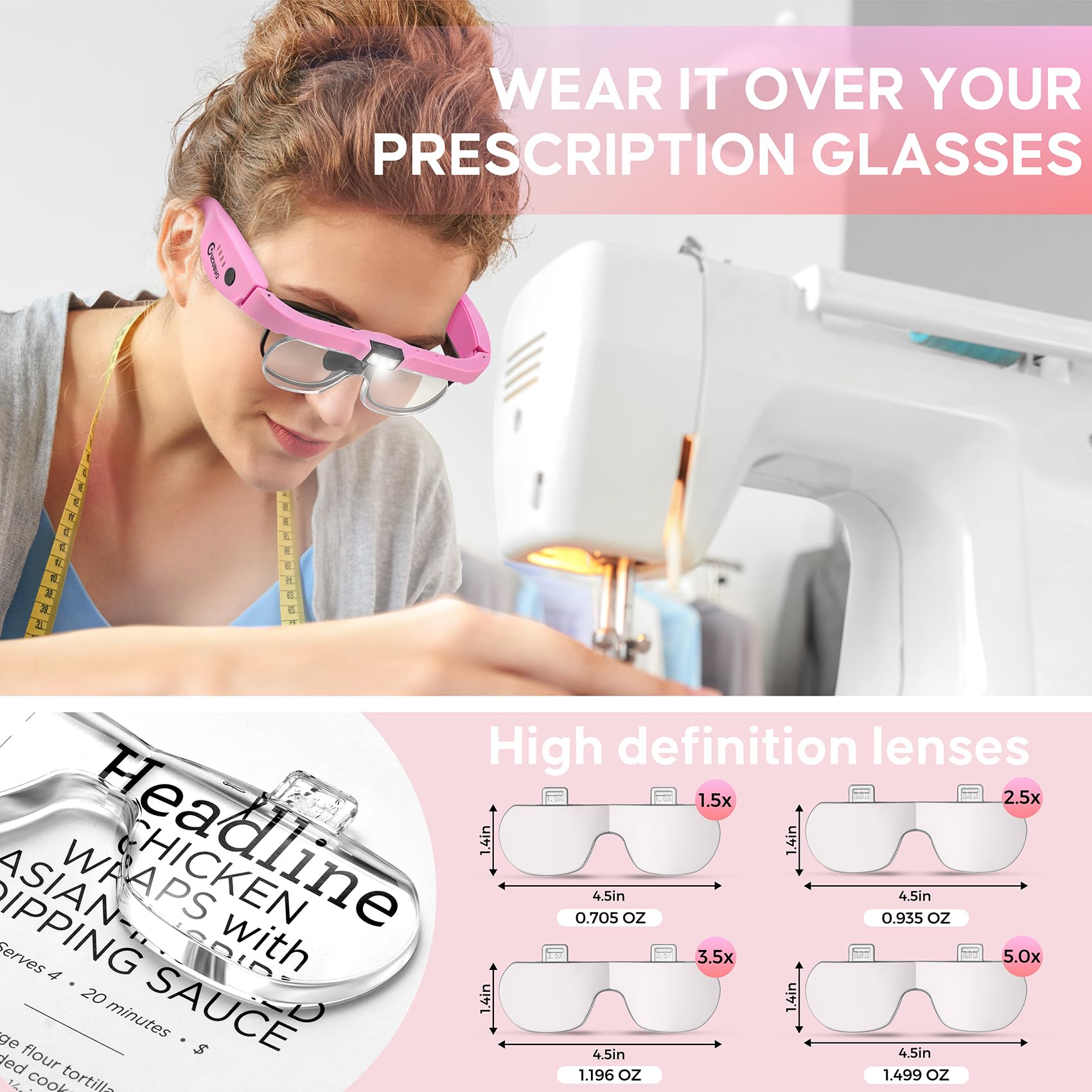 Rechargeable LED Magnifying Headset with Light - 1.5X to 5.0X Adjustable Magnification for Jewelry Making, Crafts & Close Work - Includes Carry Case & Interchangeable Lenses - Perfect for Watch Repair, Reading & Hobby Projects