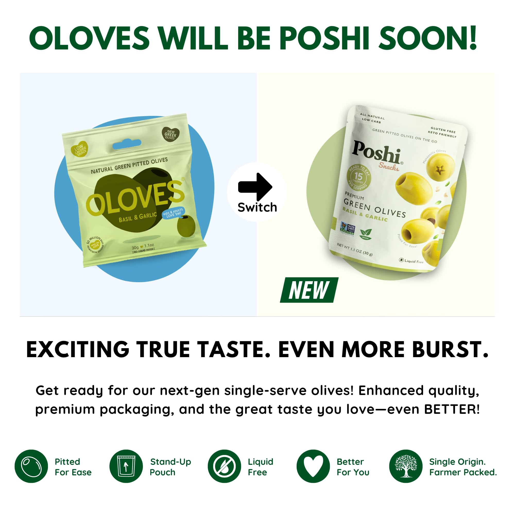 Poshi Green Pitted Olives with Basil & Garlic - 30 Pack (1.1oz Bags) | Vegan, Kosher, Gluten Free, Keto Friendly | Healthy Low Calorie Snack for On-the-Go, Picnics & Charcuterie Boards
