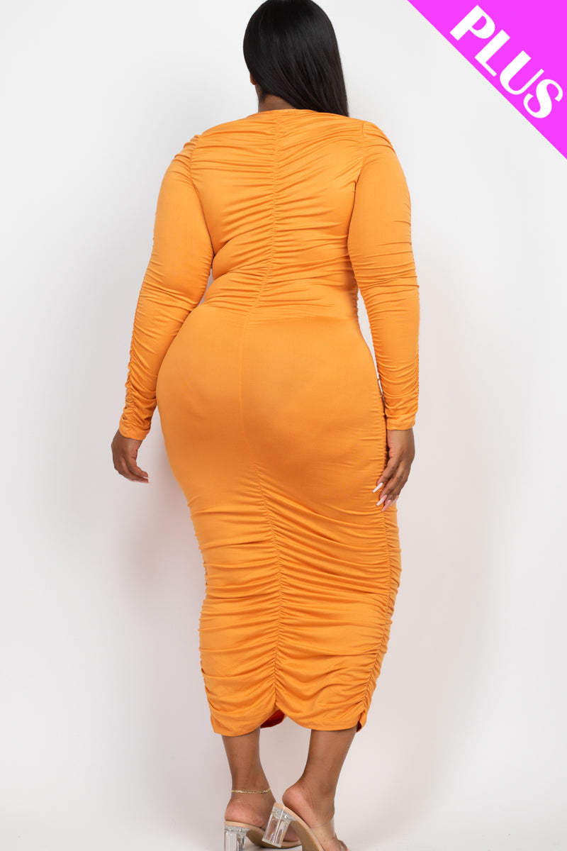 Plus Size Ruched Long Sleeve Midi Dress for Women - Flattering Bodycon Style for Weddings, Parties & Special Occasions | Stretchy Comfortable Formal Dress