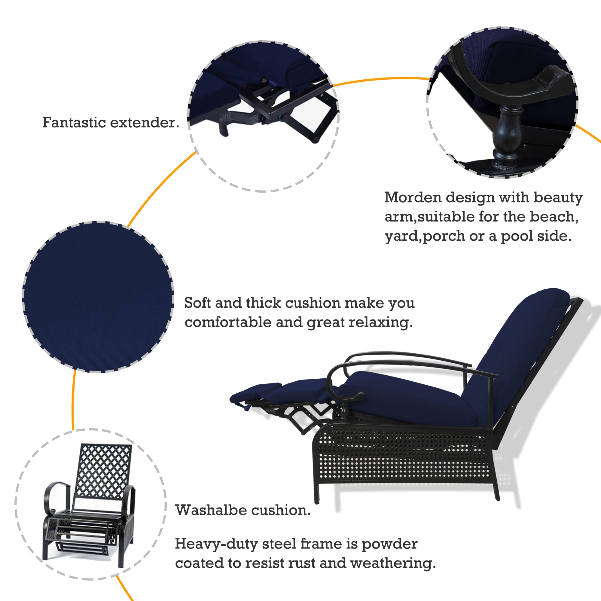 Kozyard Adjustable Outdoor Patio Reclining Lounge Chair with Cushion - Heavy Duty Extendable Metal Frame Recliner for Sunbathing, Reading & Relaxing - Perfect for Poolside, Backyard, Beach & Garden (Navy Blue)